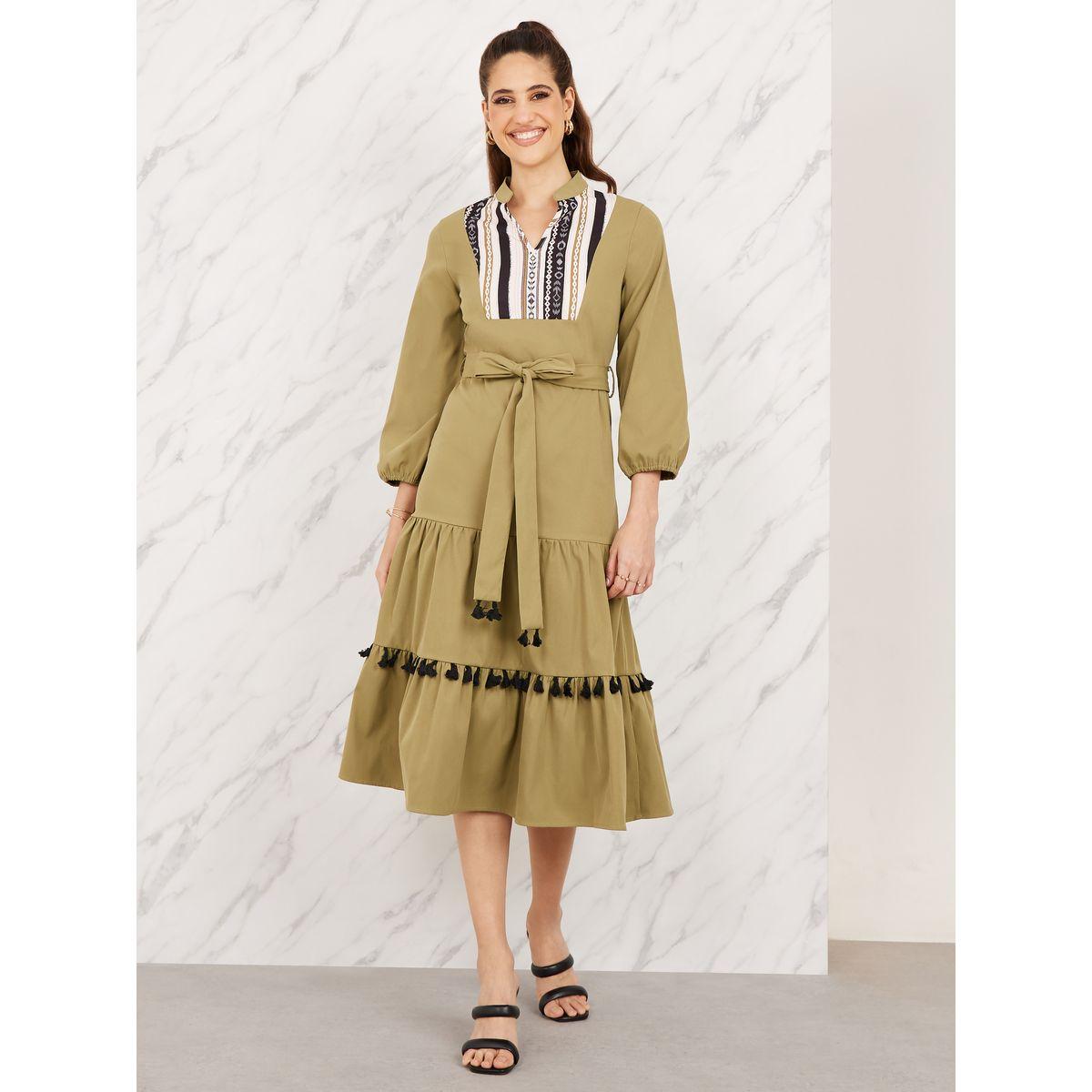 Styli Bohemian Print Tassel Detail Tiered Midi Dress with Self Tie Up-women-clothing-dresses-image-1