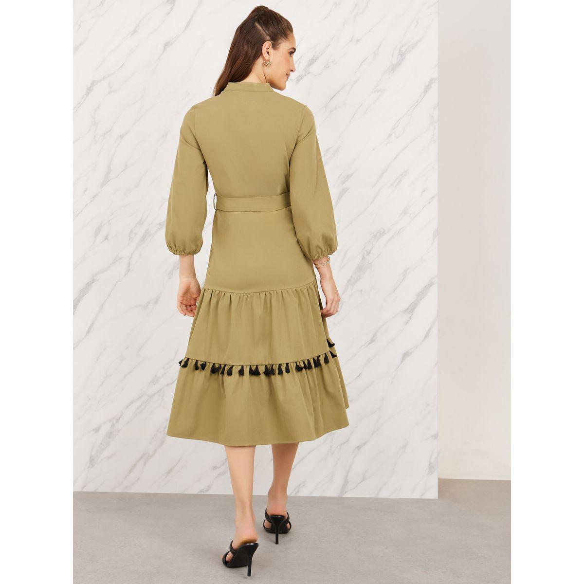 Styli Bohemian Print Tassel Detail Tiered Midi Dress with Self Tie Up-women-clothing-dresses-image-4