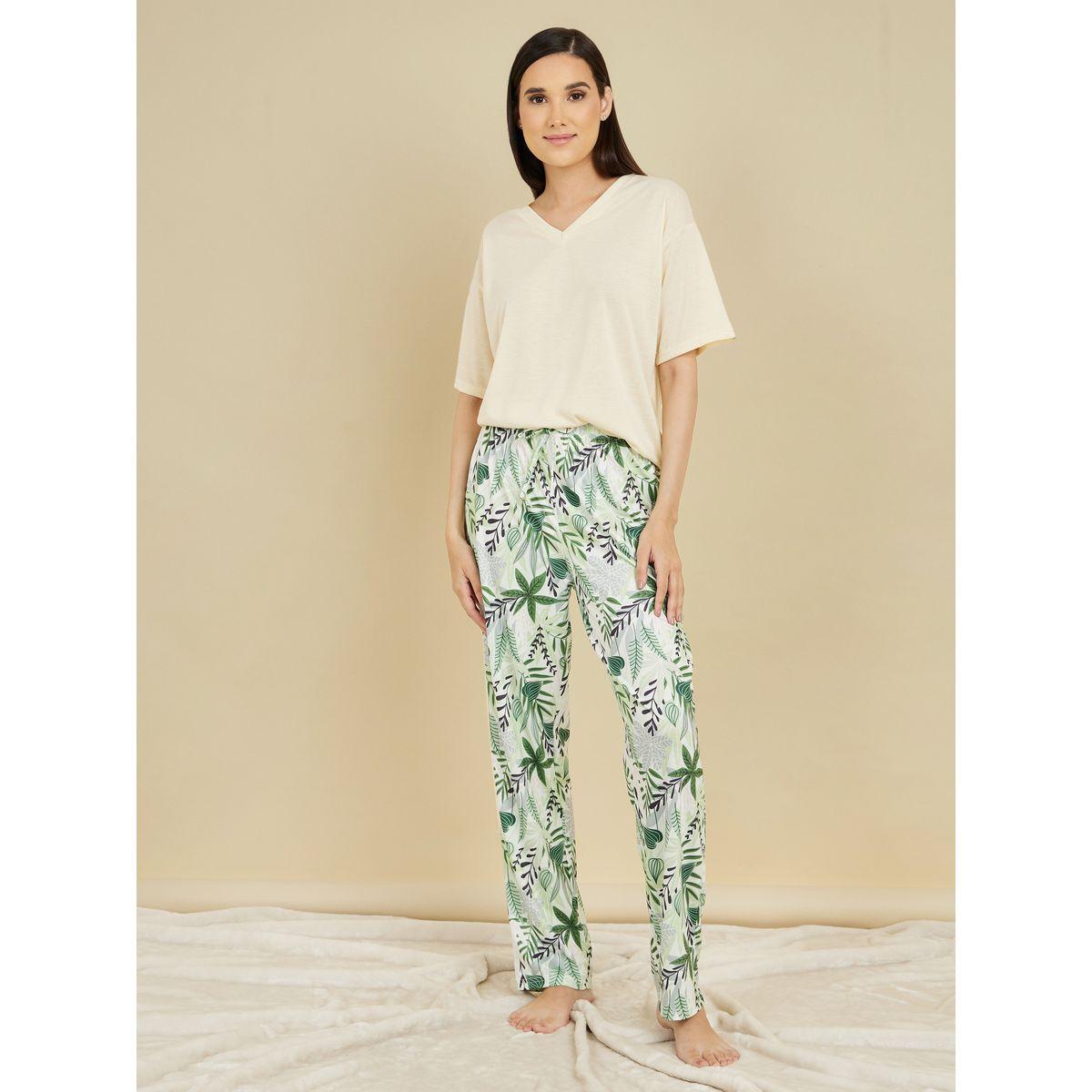 بنطال بيجاما مع تيشيرت سادة باكتاف منخفضة-women-clothing-nightwear-pyjamas-longsets-image-1