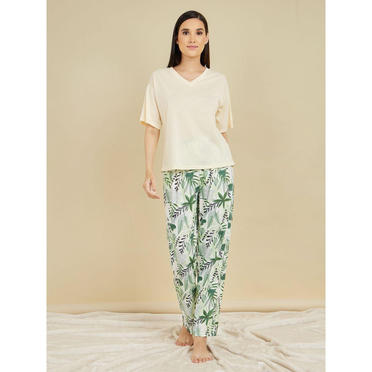 بنطال بيجاما مع تيشيرت سادة باكتاف منخفضة-women-clothing-nightwear-pyjamas-longsets-image-2
