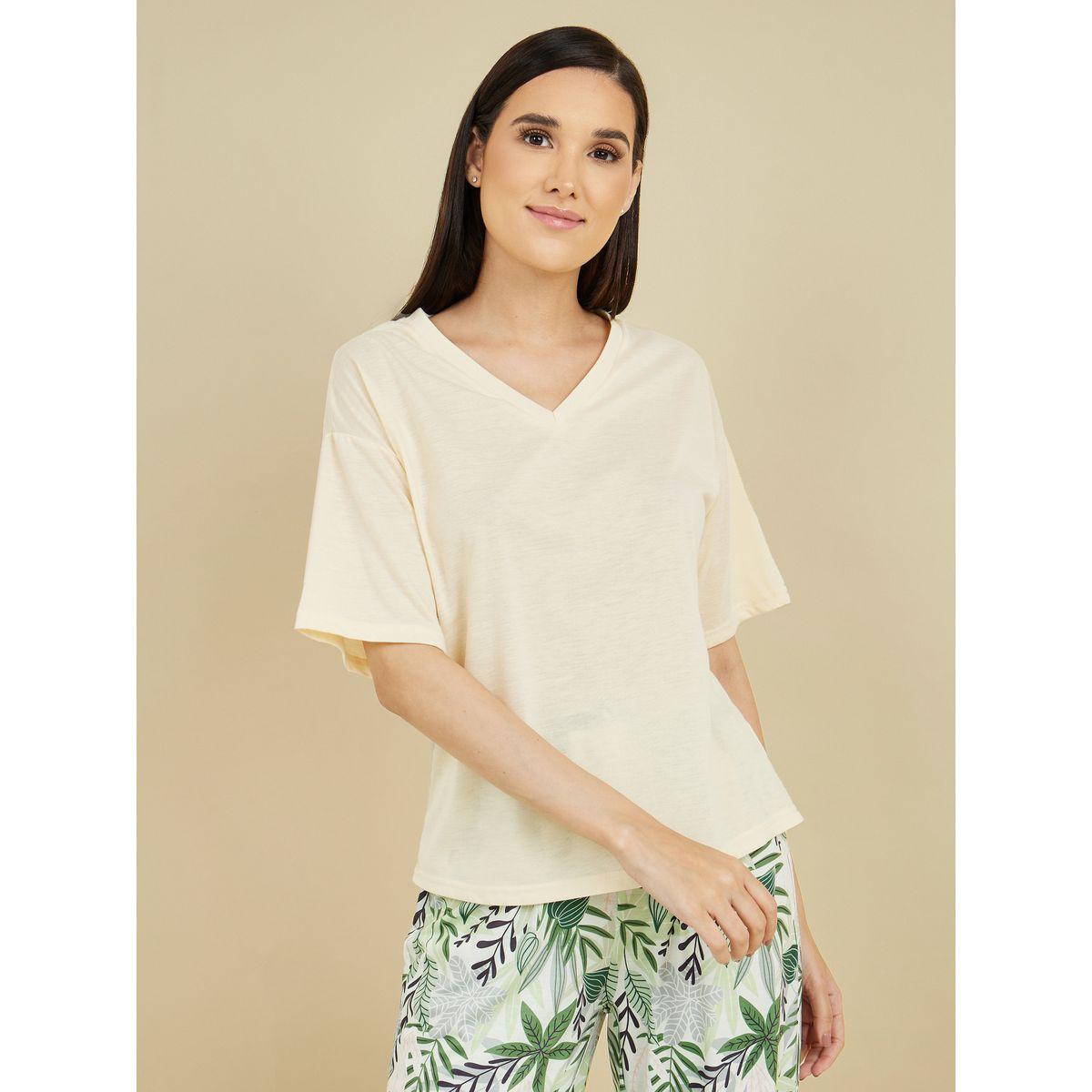 Styli Unwind Solid V Neck Drop Shoulder T-shirt and Tropical Print Pyjama Set-women-clothing-nightwear-pyjamas-longsets-image-3