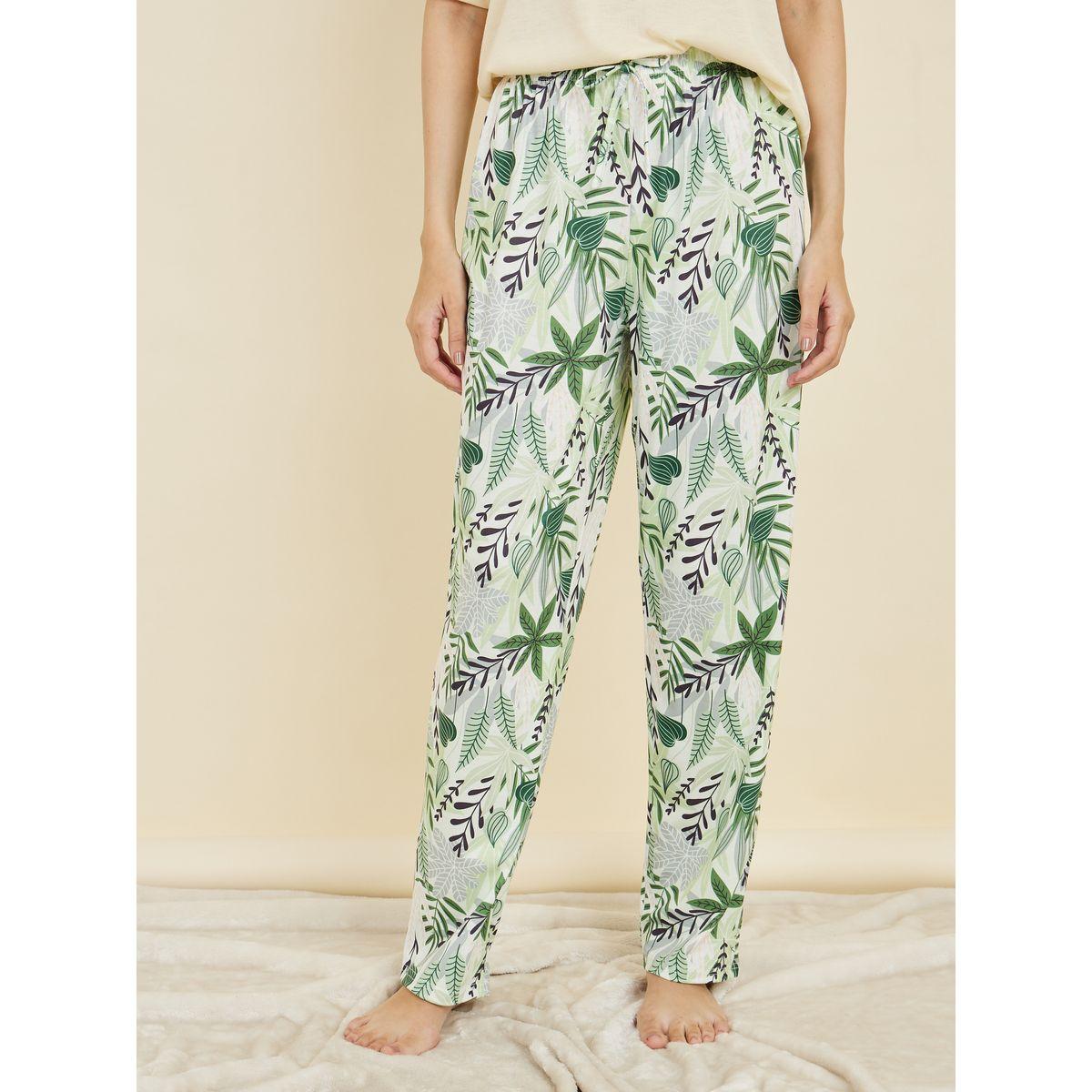 Styli Unwind Solid V Neck Drop Shoulder T-shirt and Tropical Print Pyjama Set-women-clothing-nightwear-pyjamas-longsets-image-6