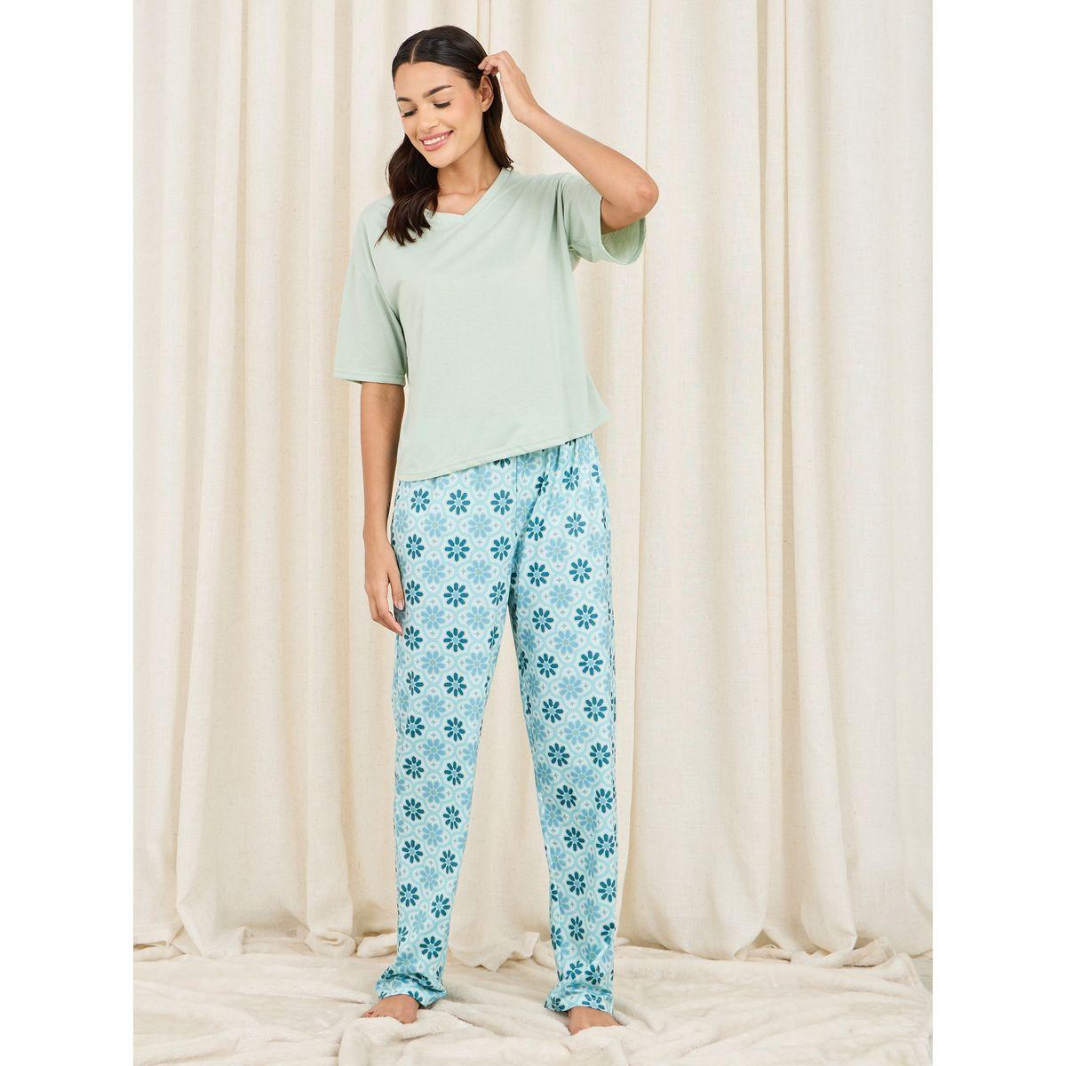 طقم من بنطال بيجاما مع تيشيرت سادة-women-clothing-nightwear-pyjamas-longsets-image-1