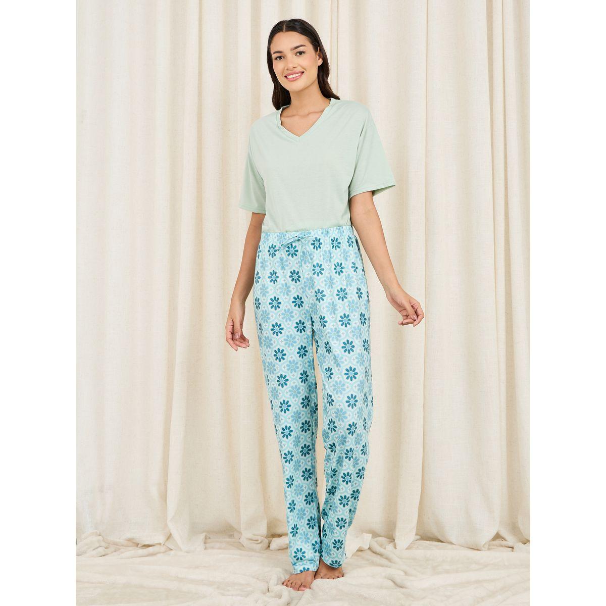 Styli Unwind Solid Drop Shoulder T-shirt and Floral Tile Print Pyjama Set-women-clothing-nightwear-pyjamas-longsets-image-4