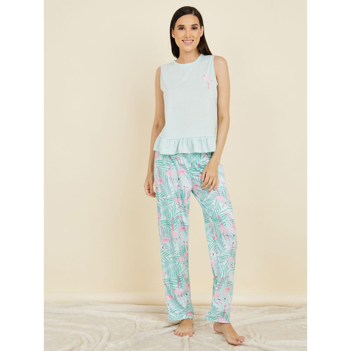 Styli Unwind Flamingo Print Ruffle Hem Vest and Pyjama Set-women-clothing-nightwear-pyjamas-longsets-image-1