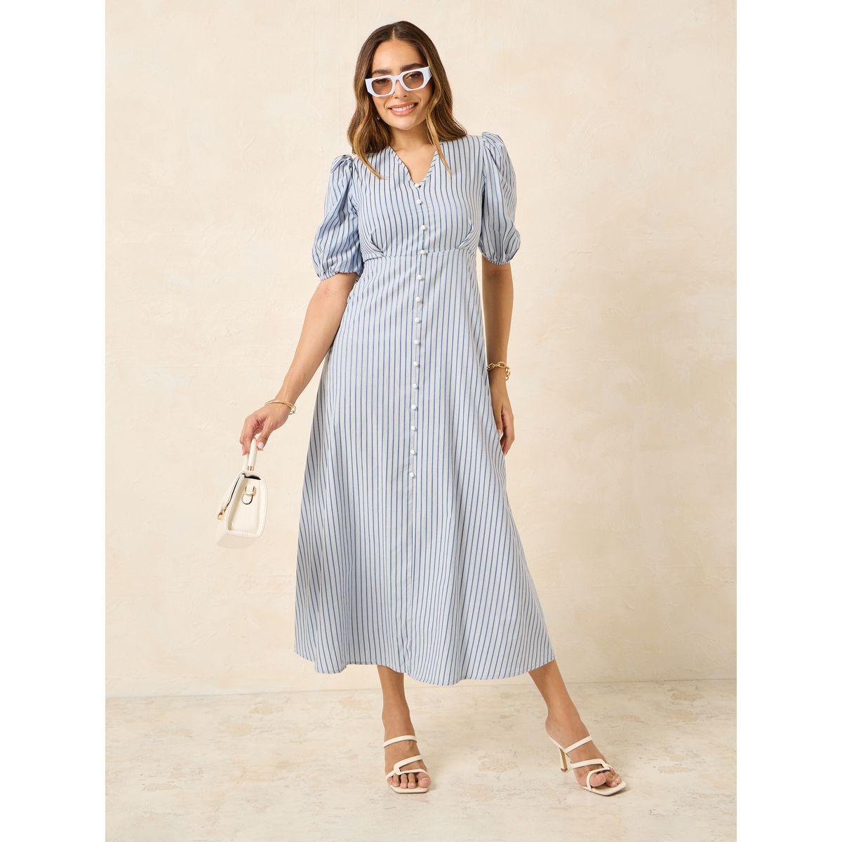 Styli Pinstripe Puff Sleeves A-Line Maxi Dress-women-clothing-dresses-image-1