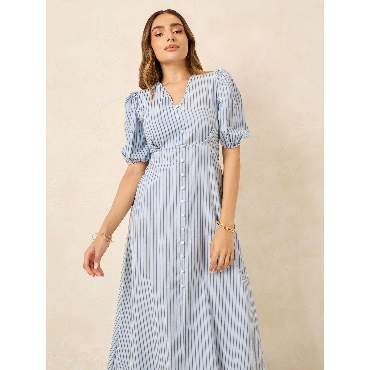 Styli Pinstripe Puff Sleeves A-Line Maxi Dress-women-clothing-dresses-image-2
