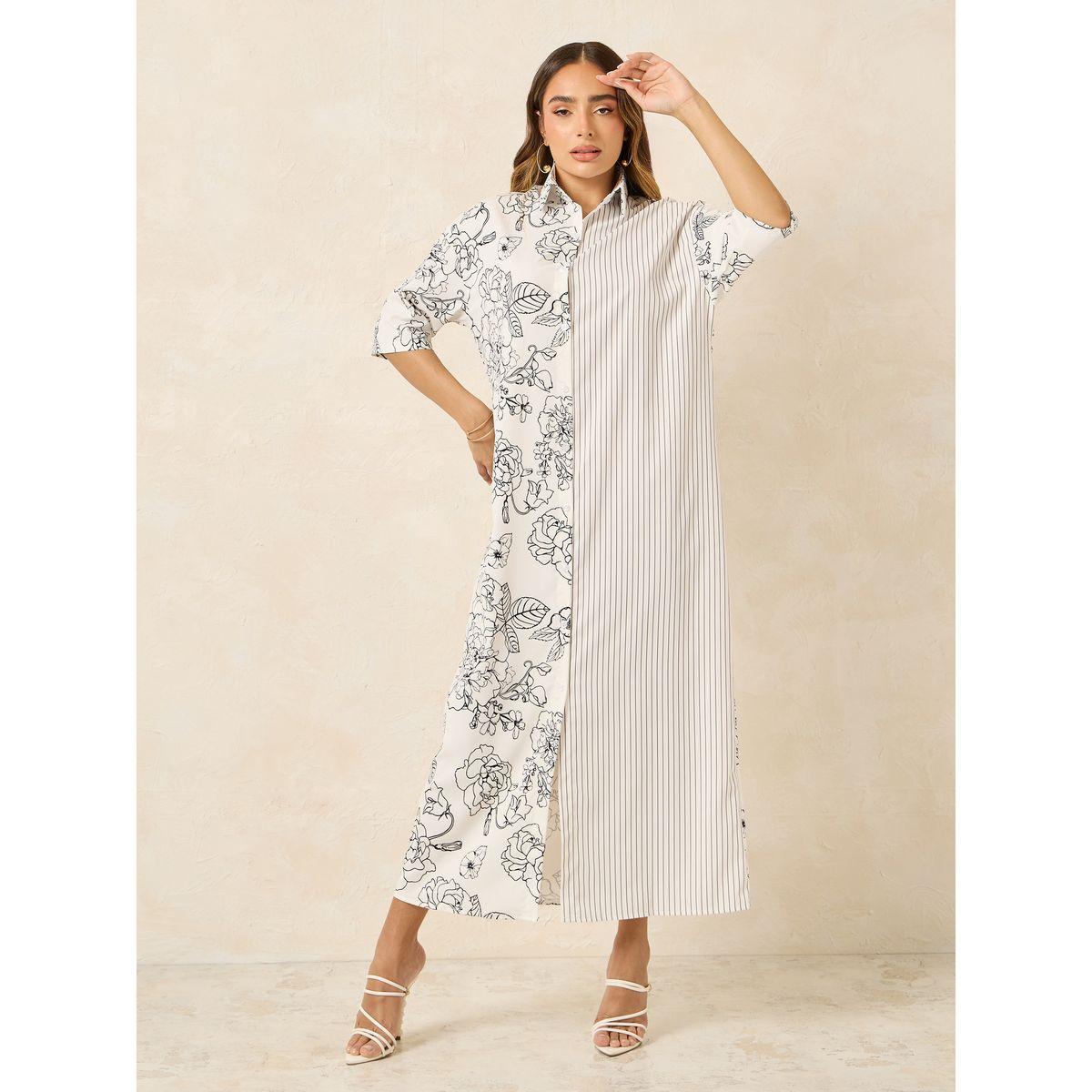 فستان طويل بطبعة مخططة وزهور-women-clothing-dresses-image-1