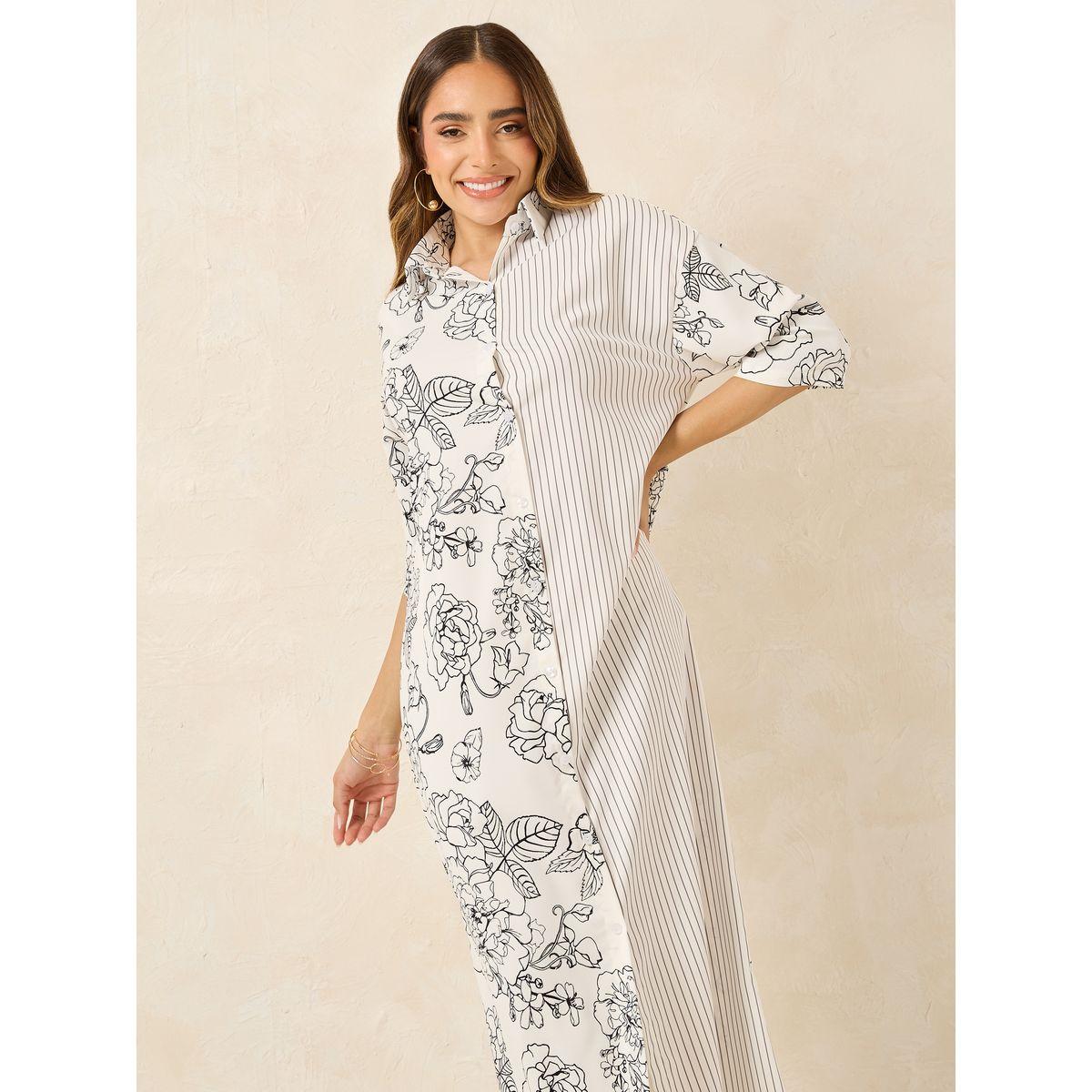 فستان طويل بطبعة مخططة وزهور-women-clothing-dresses-image-2
