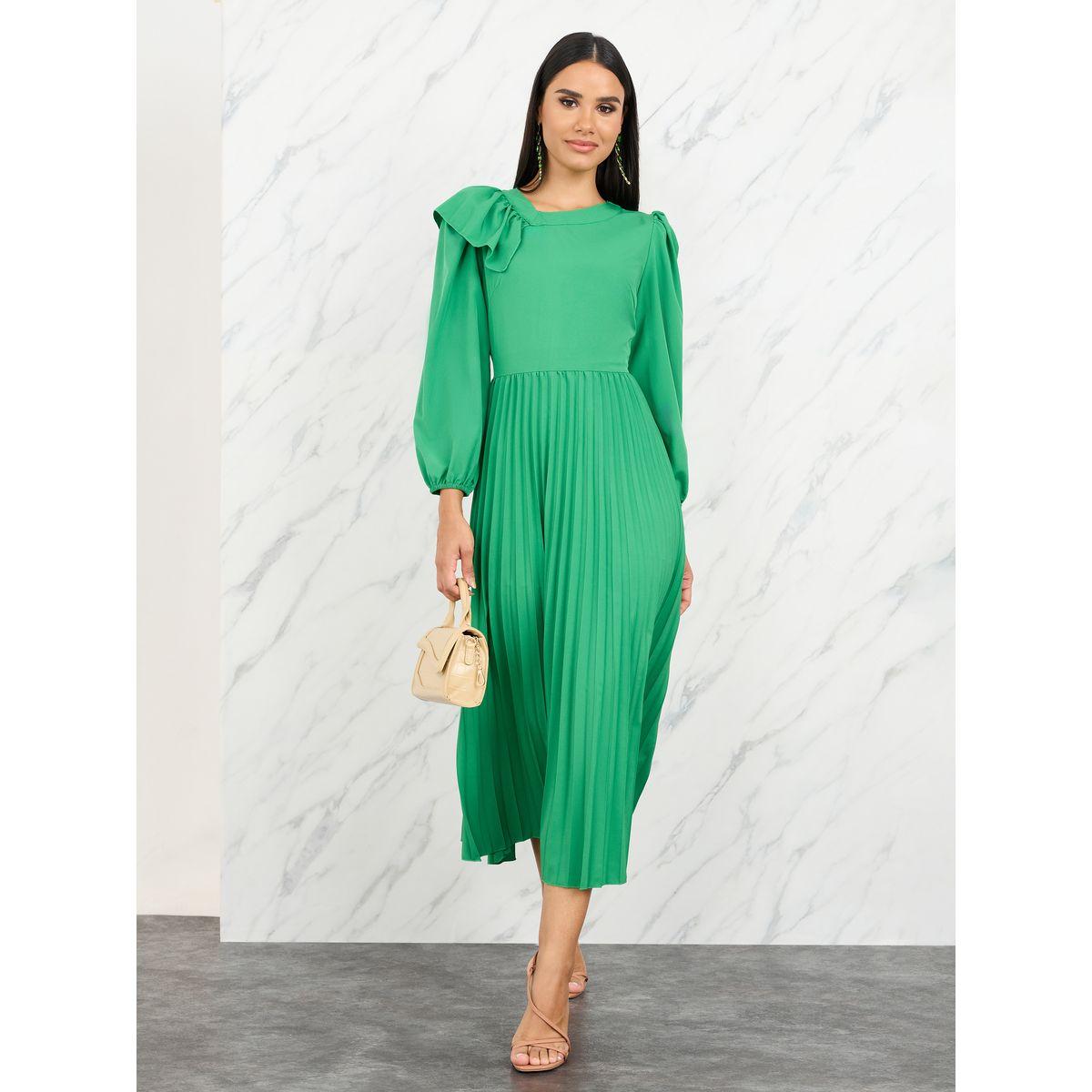 Styli Ruffle Shoulder Detail Pleated A Line Midi Dress-women-clothing-dresses-image-1