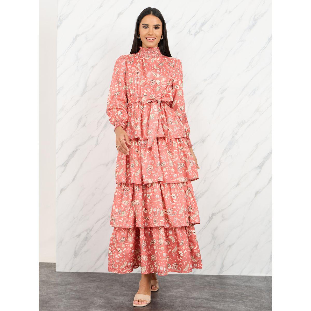 Styli Paisley Print Smocked High Neck Layer Tiered Maxi Dress-women-clothing-dresses-image-1