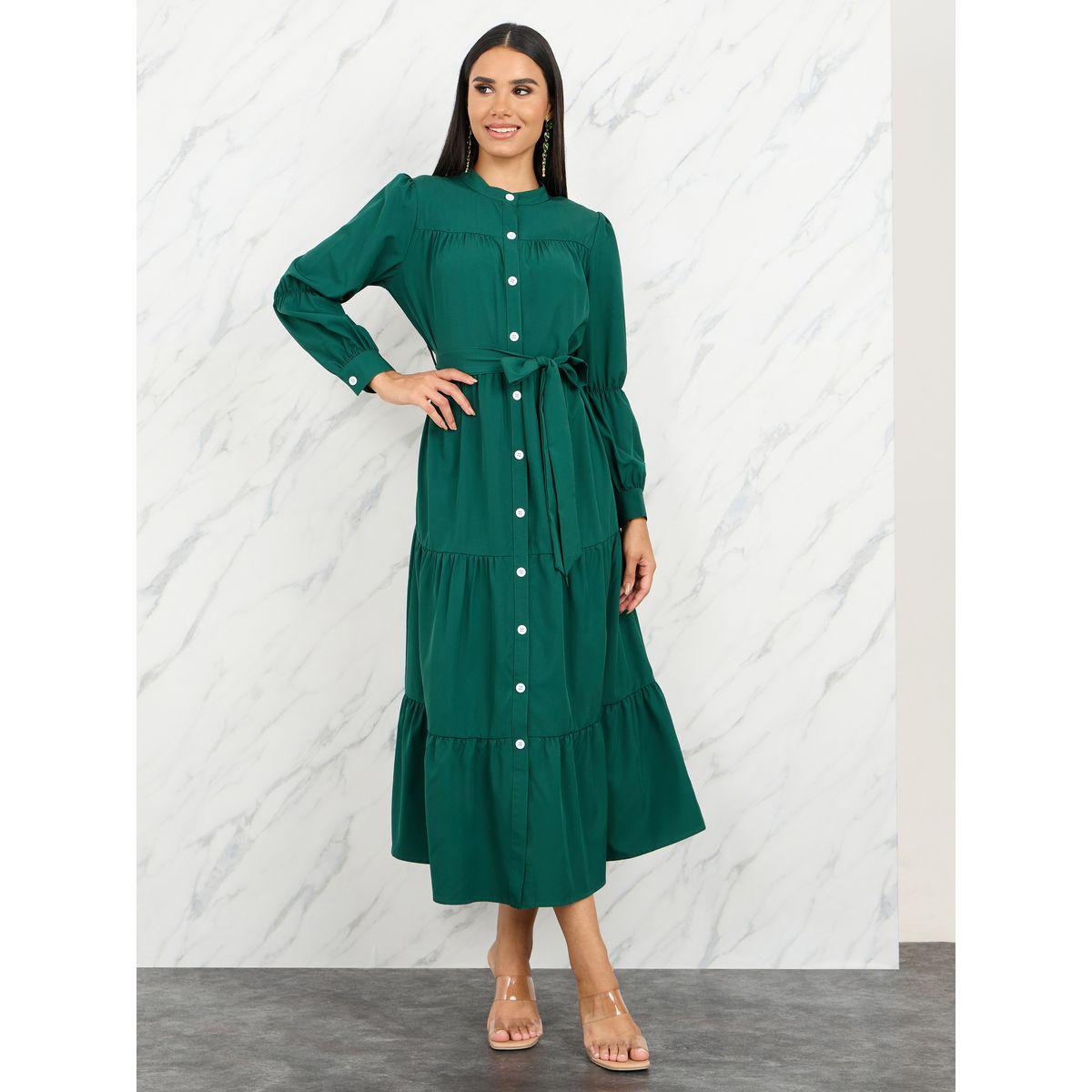 Styli Solid Button Up High Neck Midi Dress with Self Tie Up-women-clothing-dresses-image-1