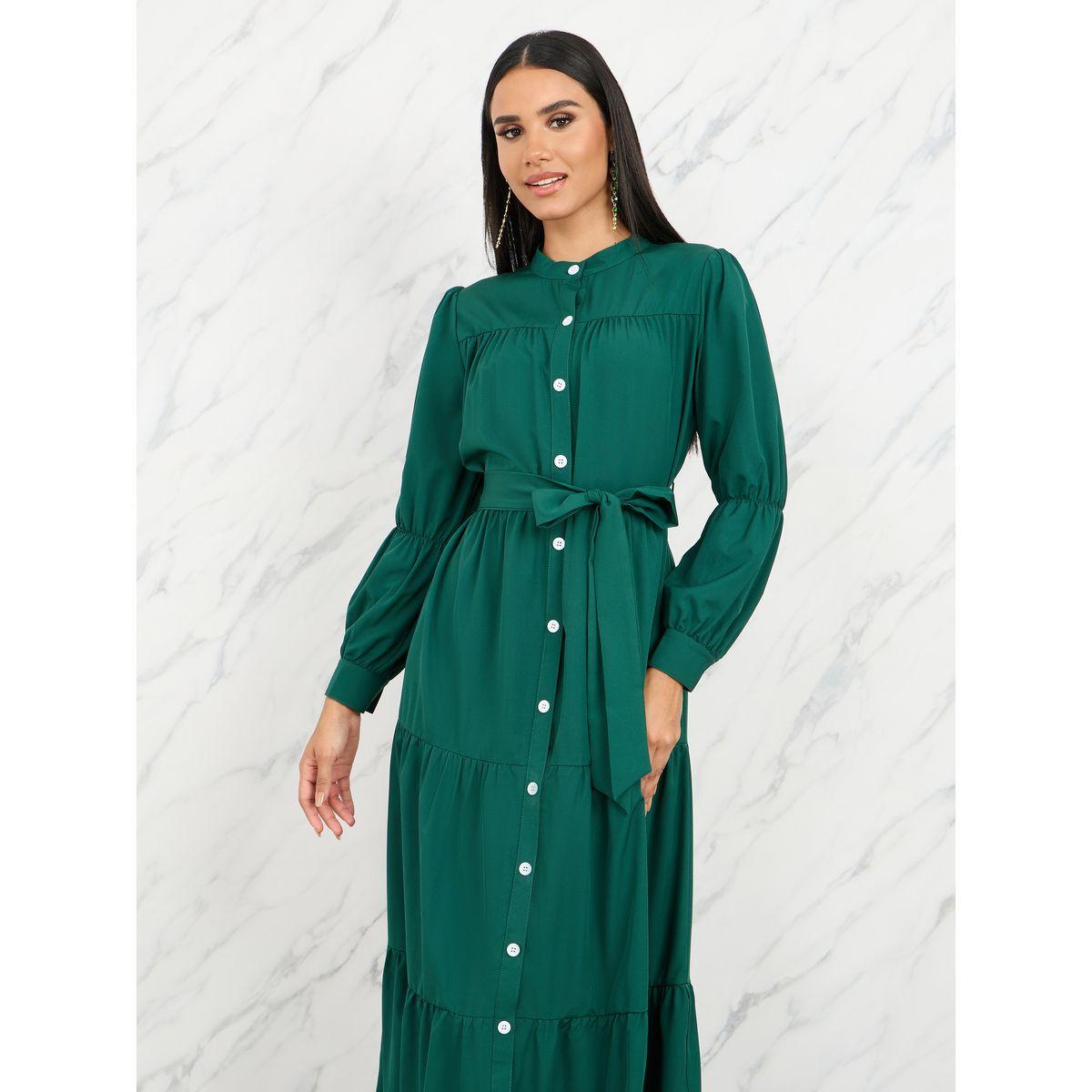 Styli Solid Button Up High Neck Midi Dress with Self Tie Up-women-clothing-dresses-image-2