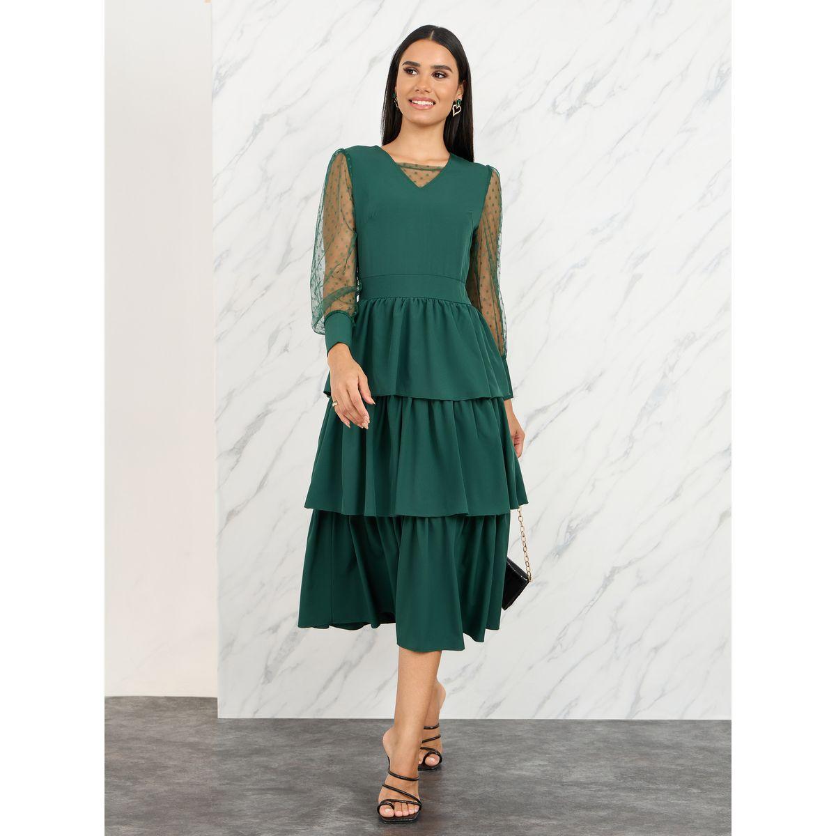 فستان ميدي بكسرات وتفاصيل كشكش-women-clothing-dresses-image-1