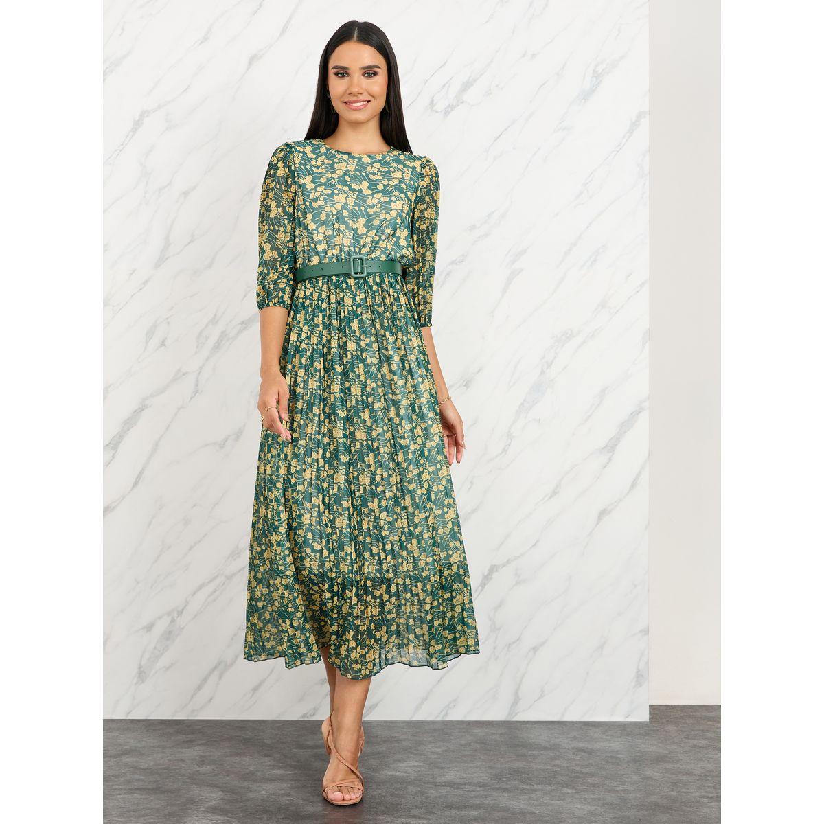 Styli Floral Print Pleated Detail Belted A-Line Midi Dress-women-clothing-dresses-image-1