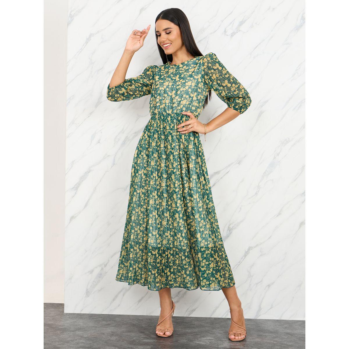 Styli Floral Print Pleated Detail Belted A-Line Midi Dress-women-clothing-dresses-image-2