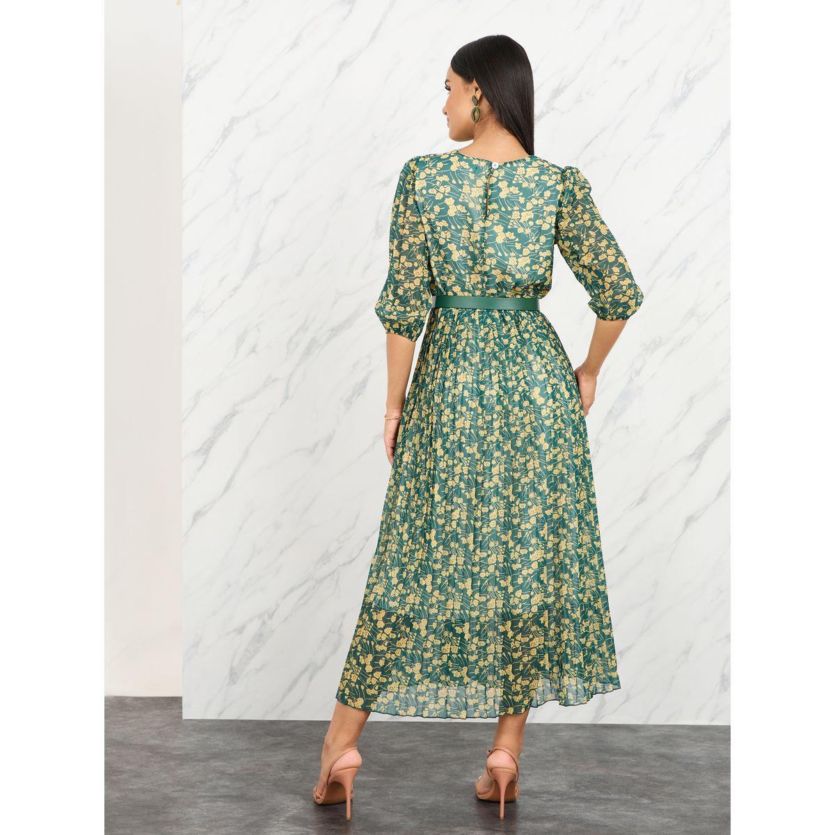 Styli Floral Print Pleated Detail Belted A-Line Midi Dress-women-clothing-dresses-image-5