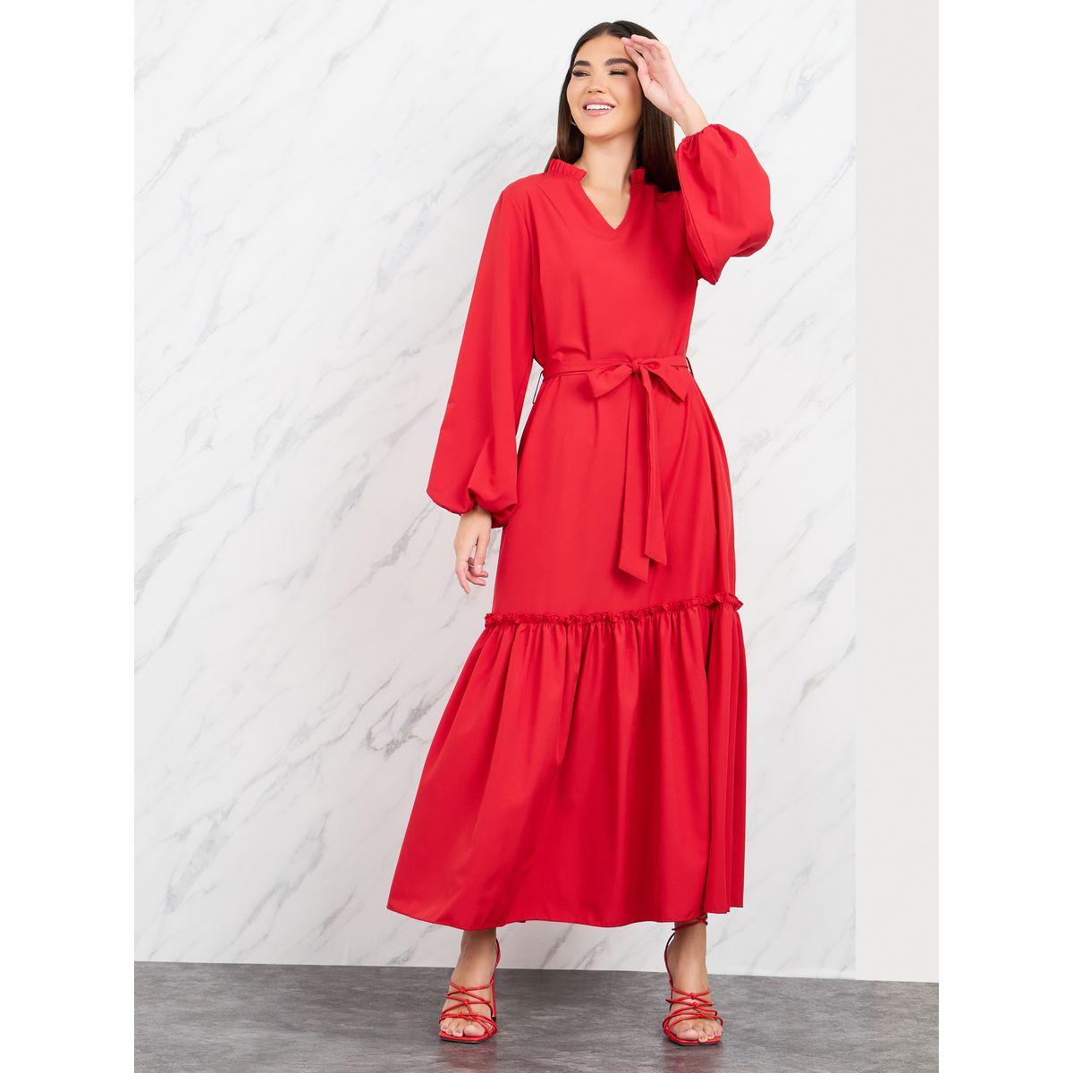 Styli Frill Detail A Line Maxi Dress with Tie Belt-women-clothing-dresses-image-1