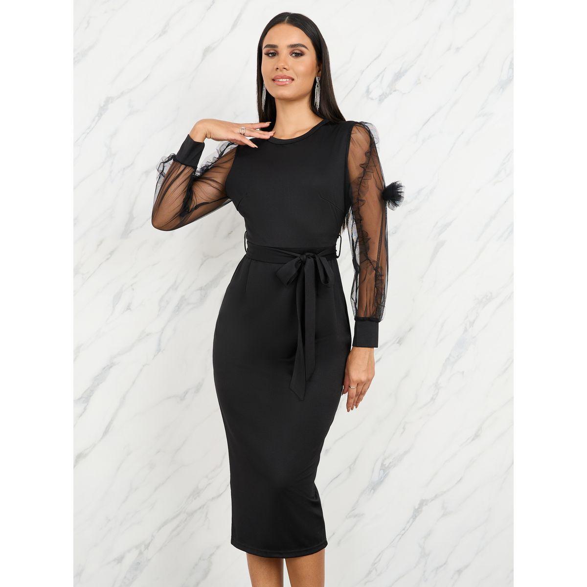 فستان ميدي بديكون باكمام شبك واربطة-women-clothing-dresses-image-2