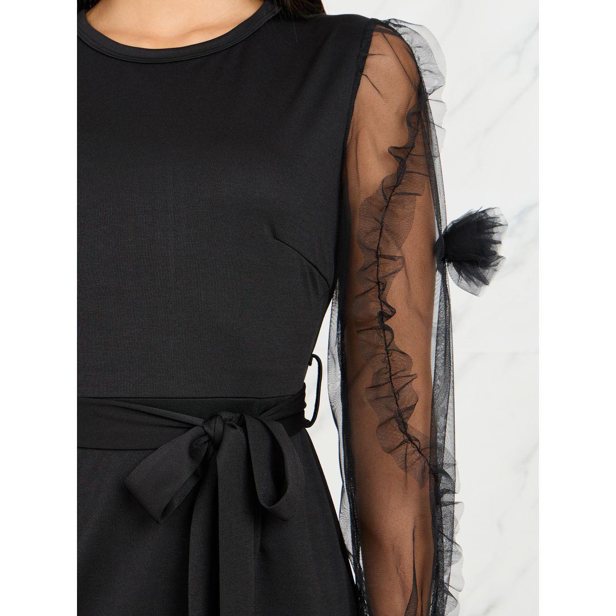 فستان ميدي بديكون باكمام شبك واربطة-women-clothing-dresses-image-3