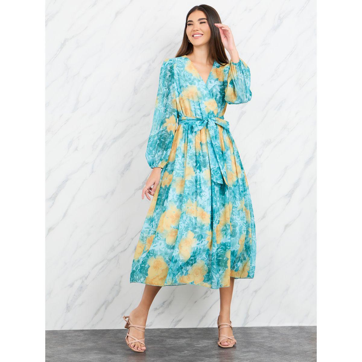 Styli Floral Print V Neck Long Sleeve A Line Chiffon Maxi Dress-women-clothing-dresses-image-1