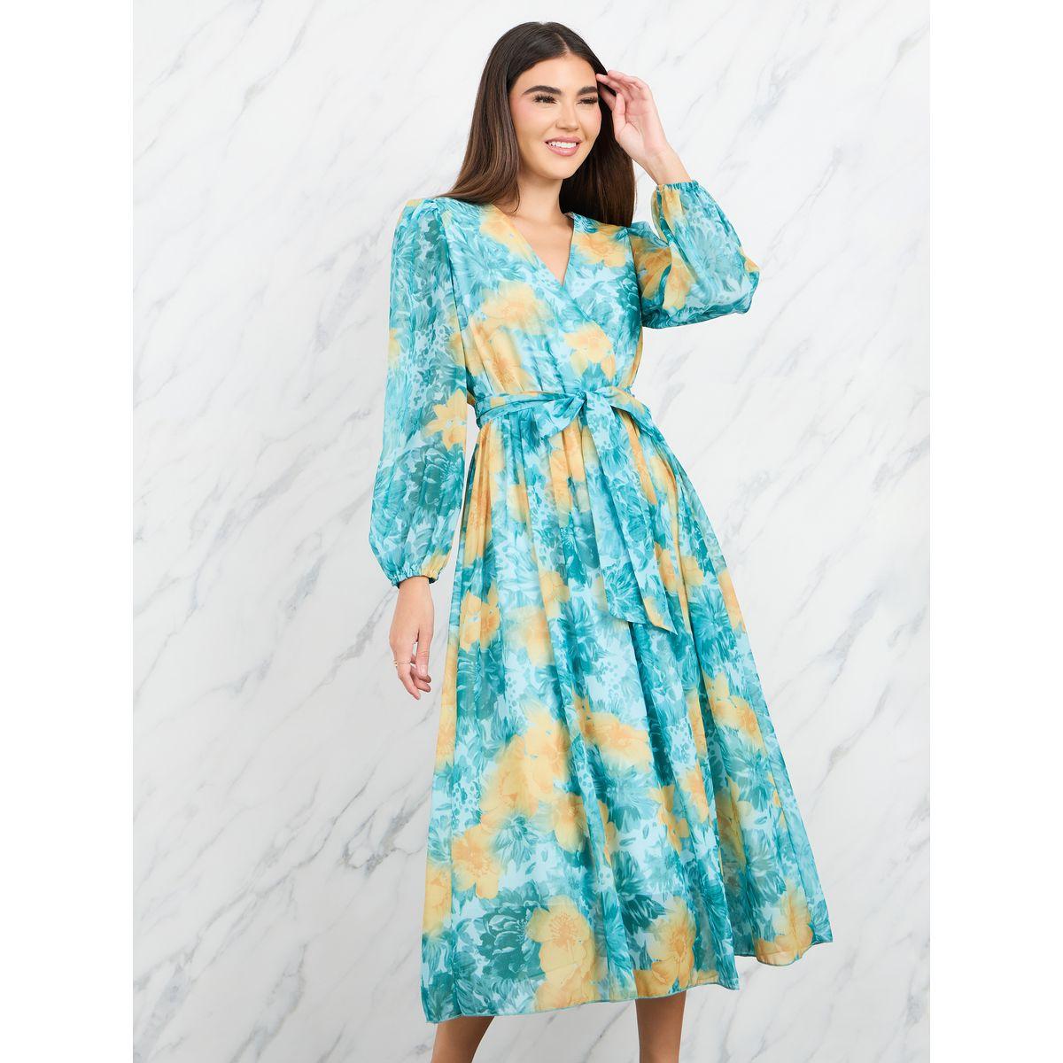 Styli Floral Print V Neck Long Sleeve A Line Chiffon Maxi Dress-women-clothing-dresses-image-2