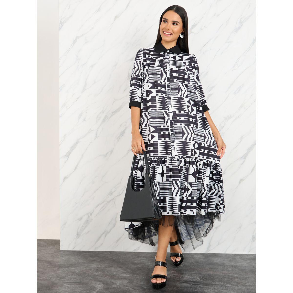 Styli Geo Print Collared Asymmetric Hem A-Line Midi Dress-women-clothing-dresses-image-1