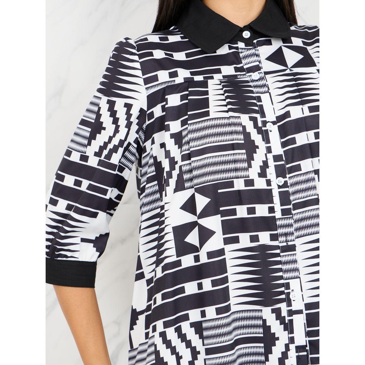 Styli Geo Print Collared Asymmetric Hem A-Line Midi Dress-women-clothing-dresses-image-3