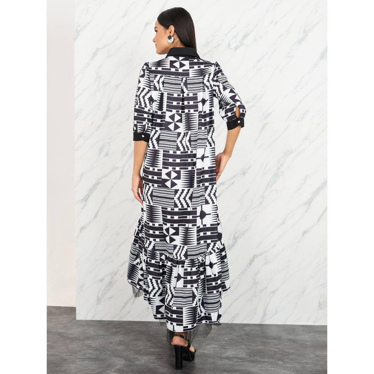 Styli Geo Print Collared Asymmetric Hem A-Line Midi Dress-women-clothing-dresses-image-4