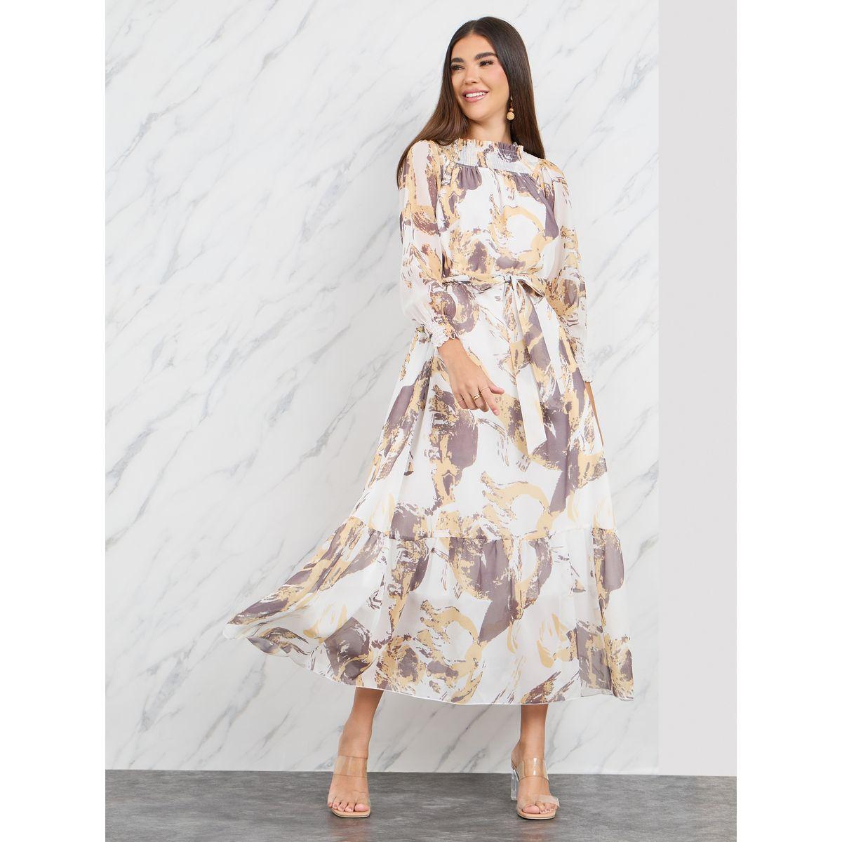 Styli Shirred Detail Chiffon A-Line Midi Dress-women-clothing-dresses-image-1