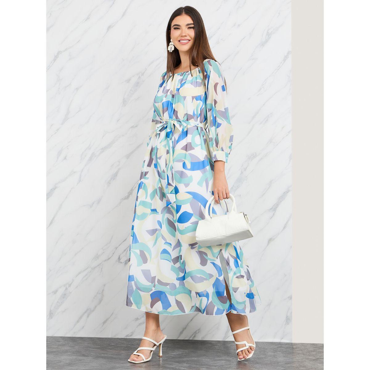 فستان ميدي مطبع بأنماط هندسية-women-clothing-dresses-image-1