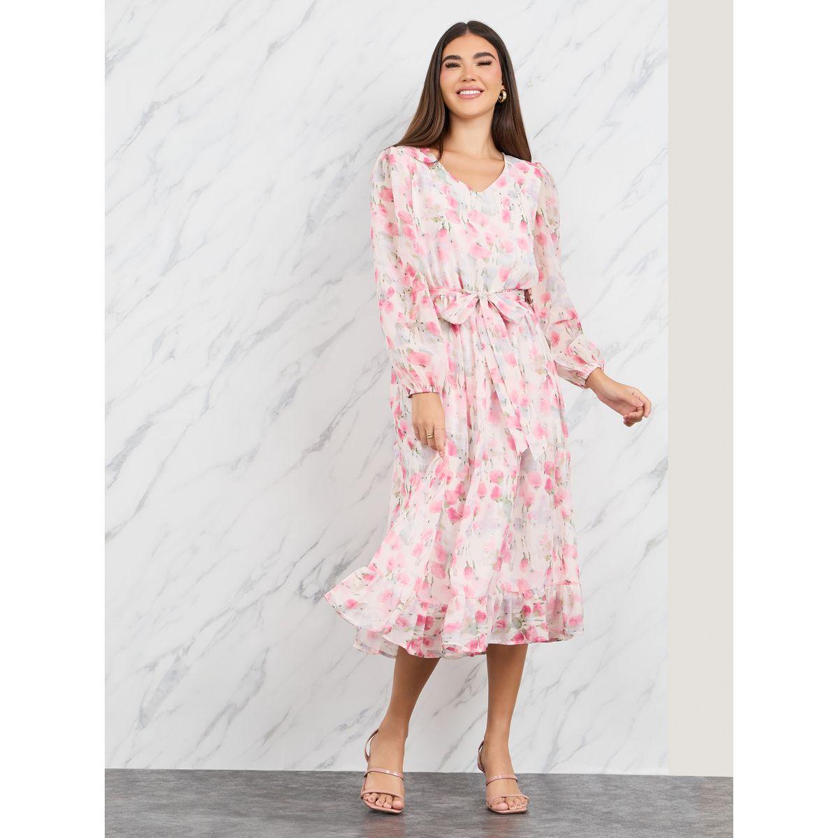 فستان ميدي شيفون بطبعة زهور وكشكش-women-clothing-dresses-image-1