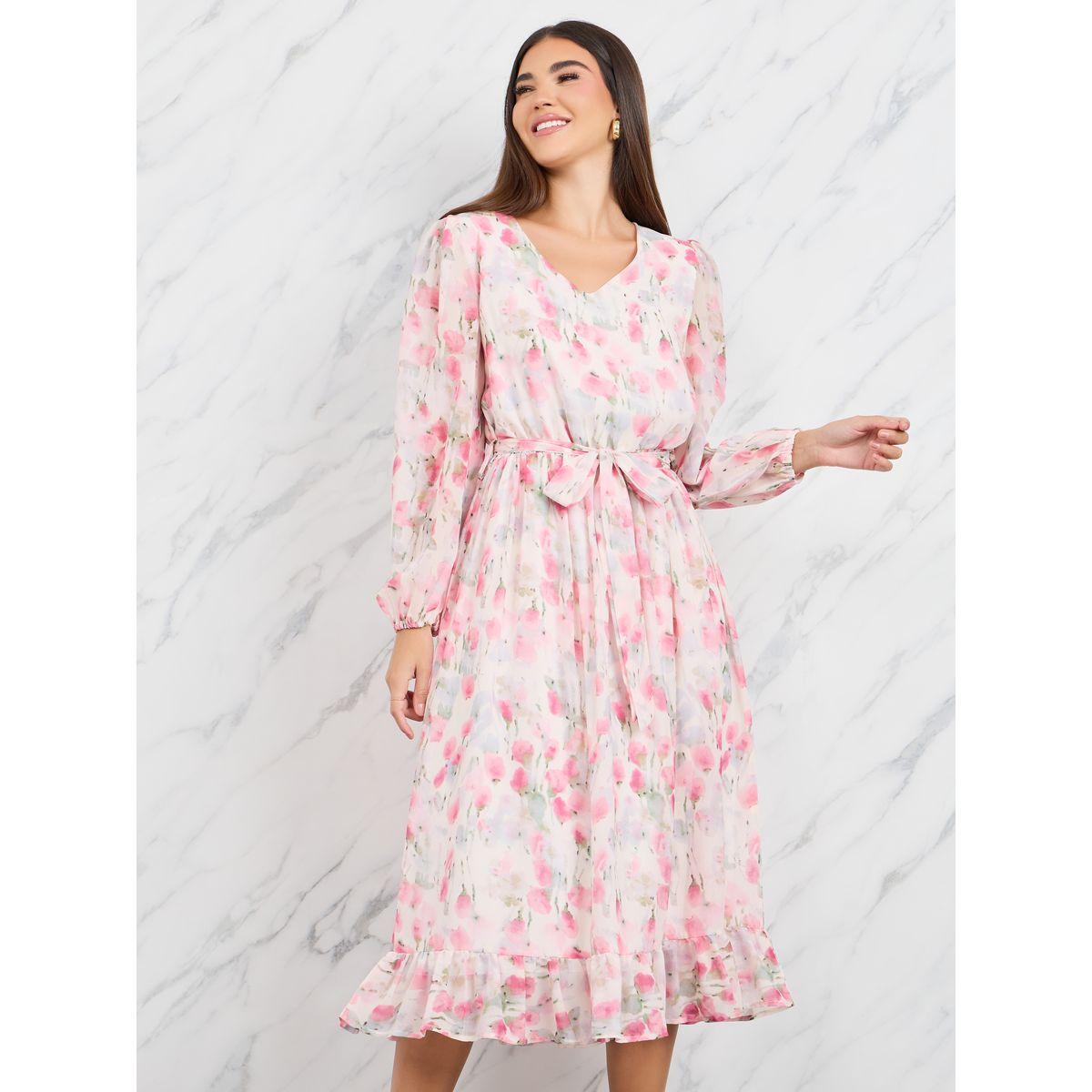 Styli Floral Print Ruffle Hem Chiffon A-Line Midi Dress-women-clothing-dresses-image-2