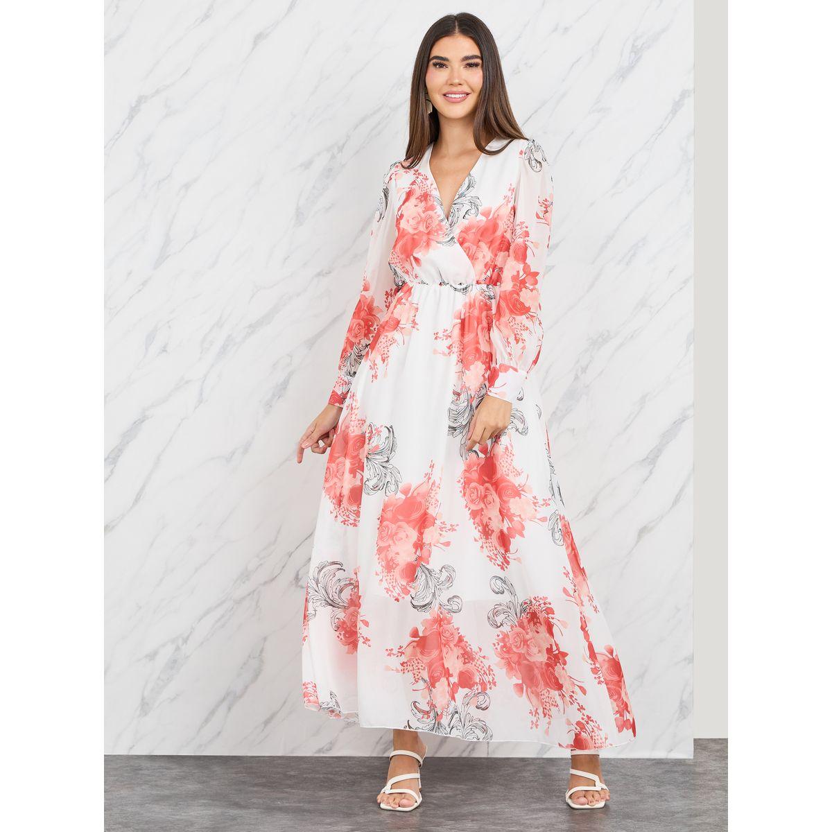 Styli Floral Print V Neck Chiffon Maxi Dress-women-clothing-dresses-image-1