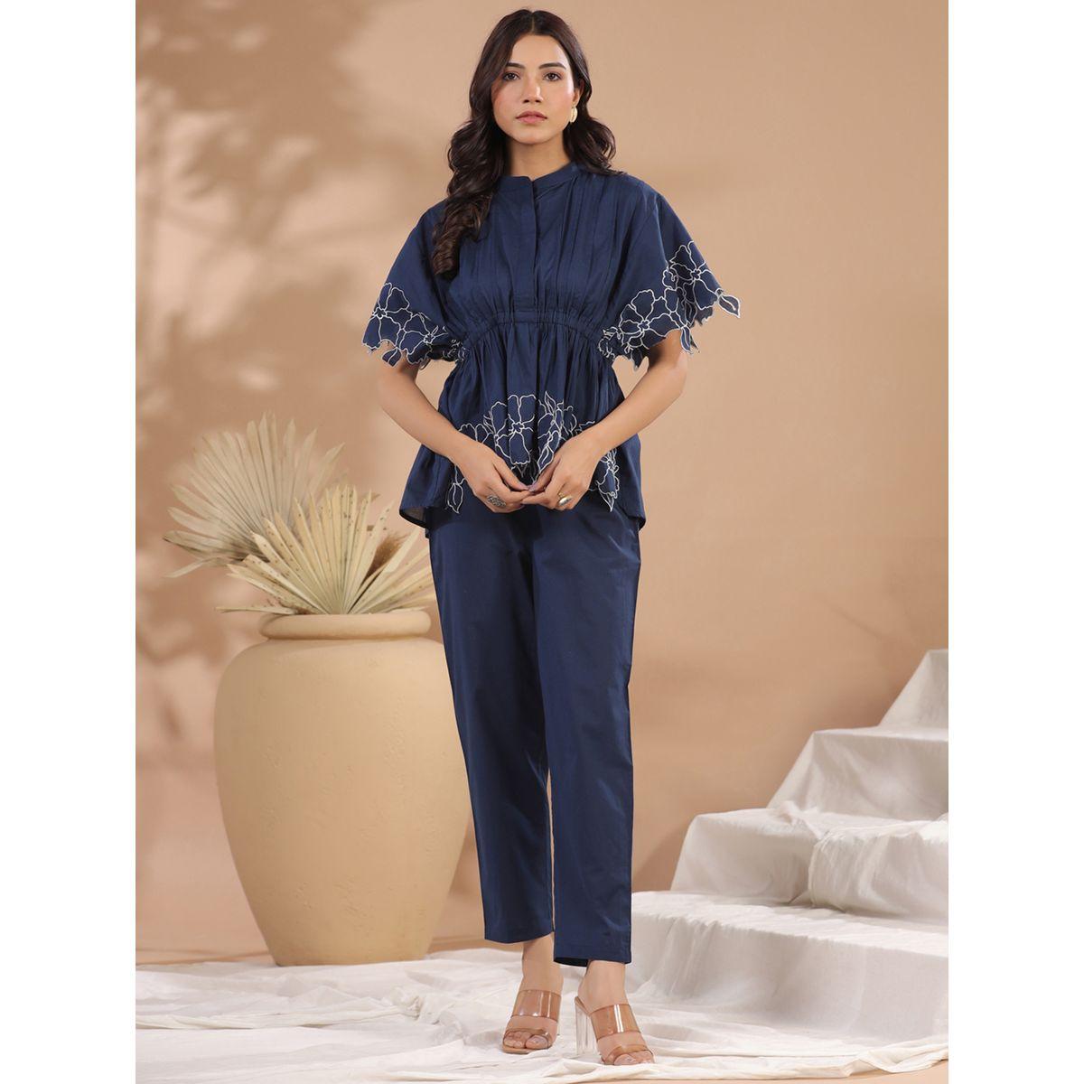 Sanskrutihomes Floral Embroidery Pleated High Low Top & Pants Co-Ord-women-clothing-coordsets-image-1