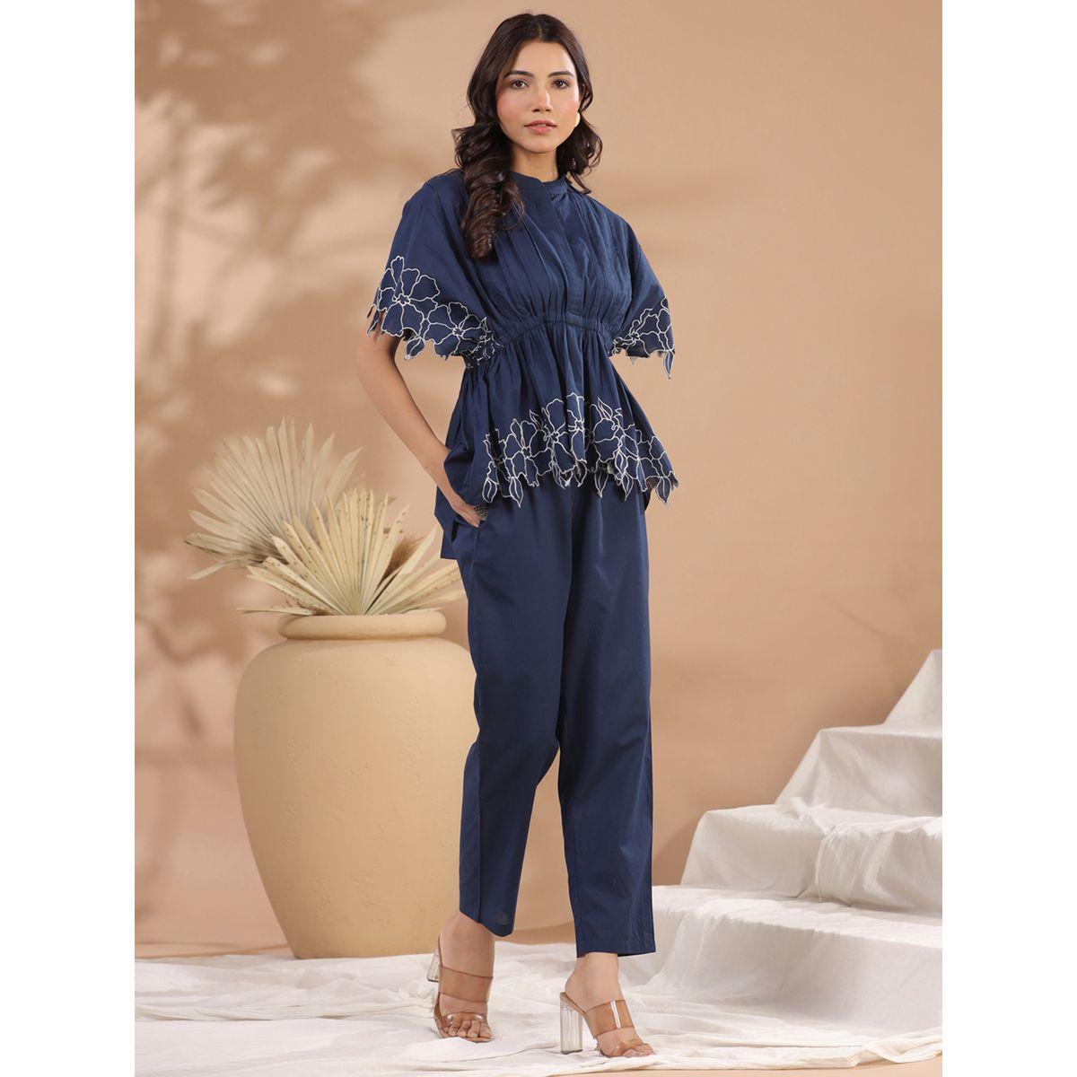 Sanskrutihomes Floral Embroidery Pleated High Low Top & Pants Co-Ord-women-clothing-coordsets-image-2
