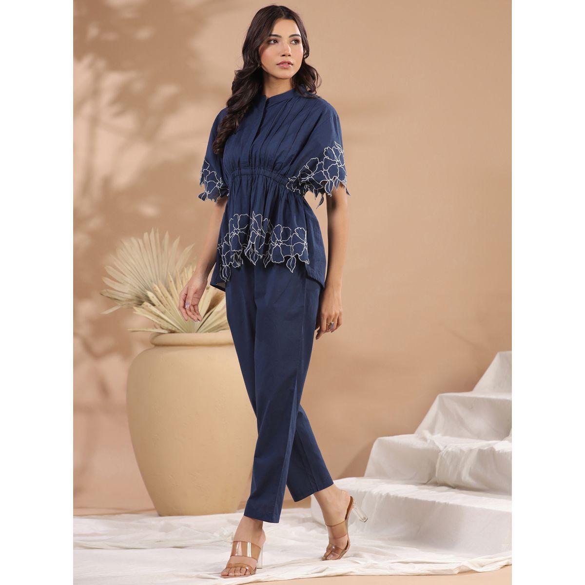 Sanskrutihomes Floral Embroidery Pleated High Low Top & Pants Co-Ord-women-clothing-coordsets-image-3