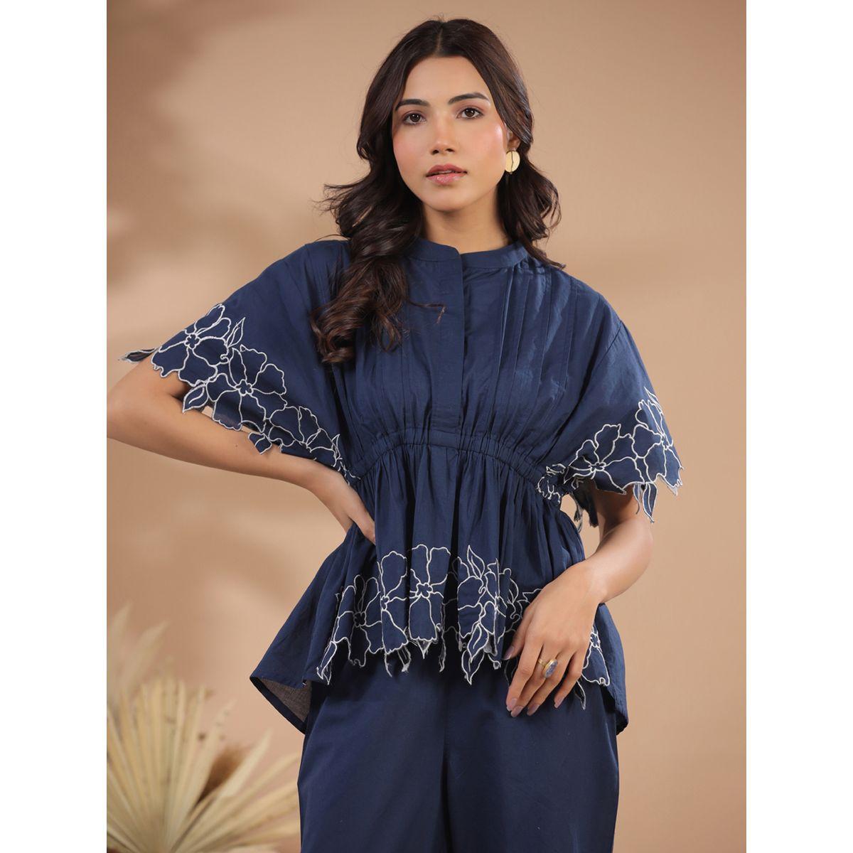 Sanskrutihomes Floral Embroidery Pleated High Low Top & Pants Co-Ord-women-clothing-coordsets-image-4