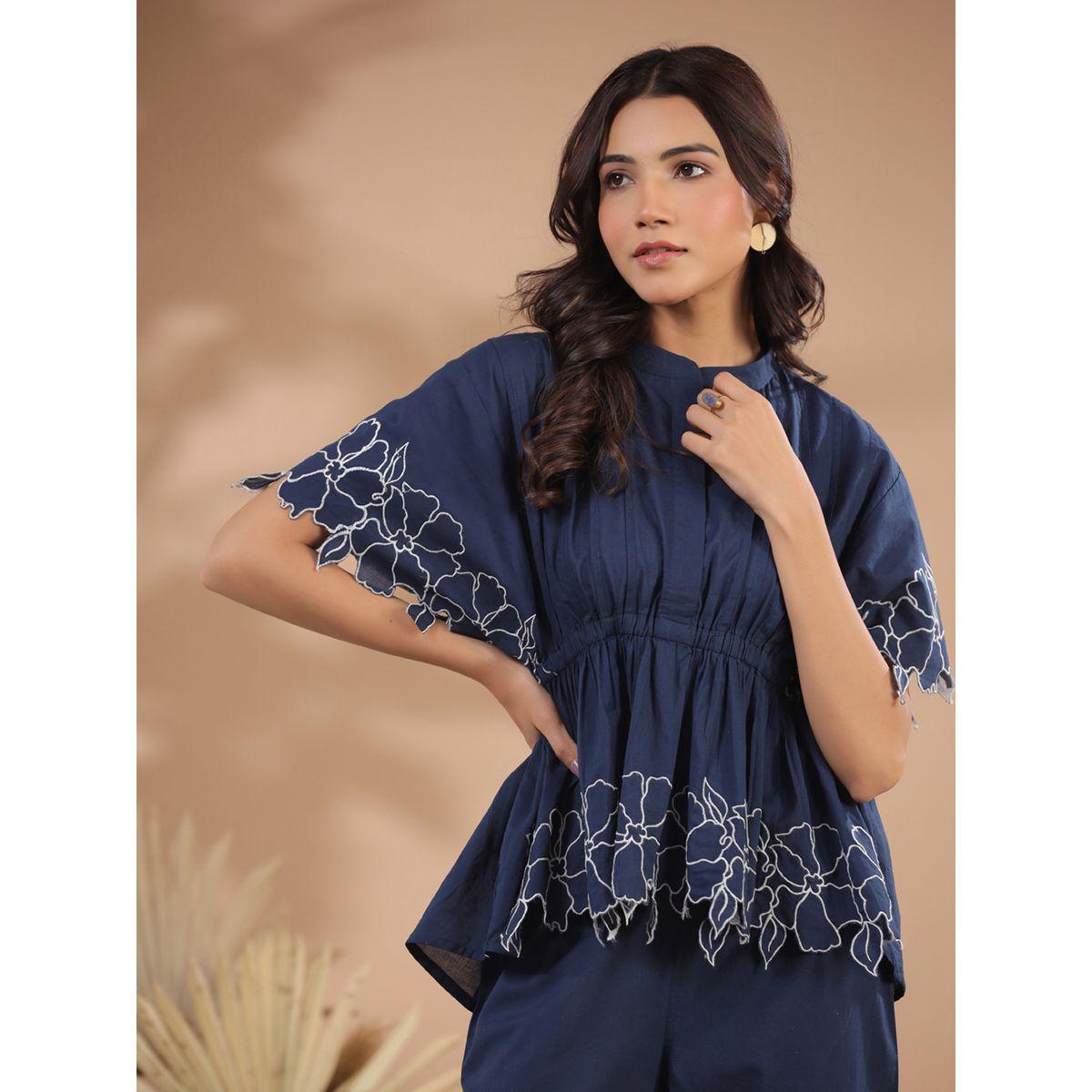 Sanskrutihomes Floral Embroidery Pleated High Low Top & Pants Co-Ord-women-clothing-coordsets-image-5