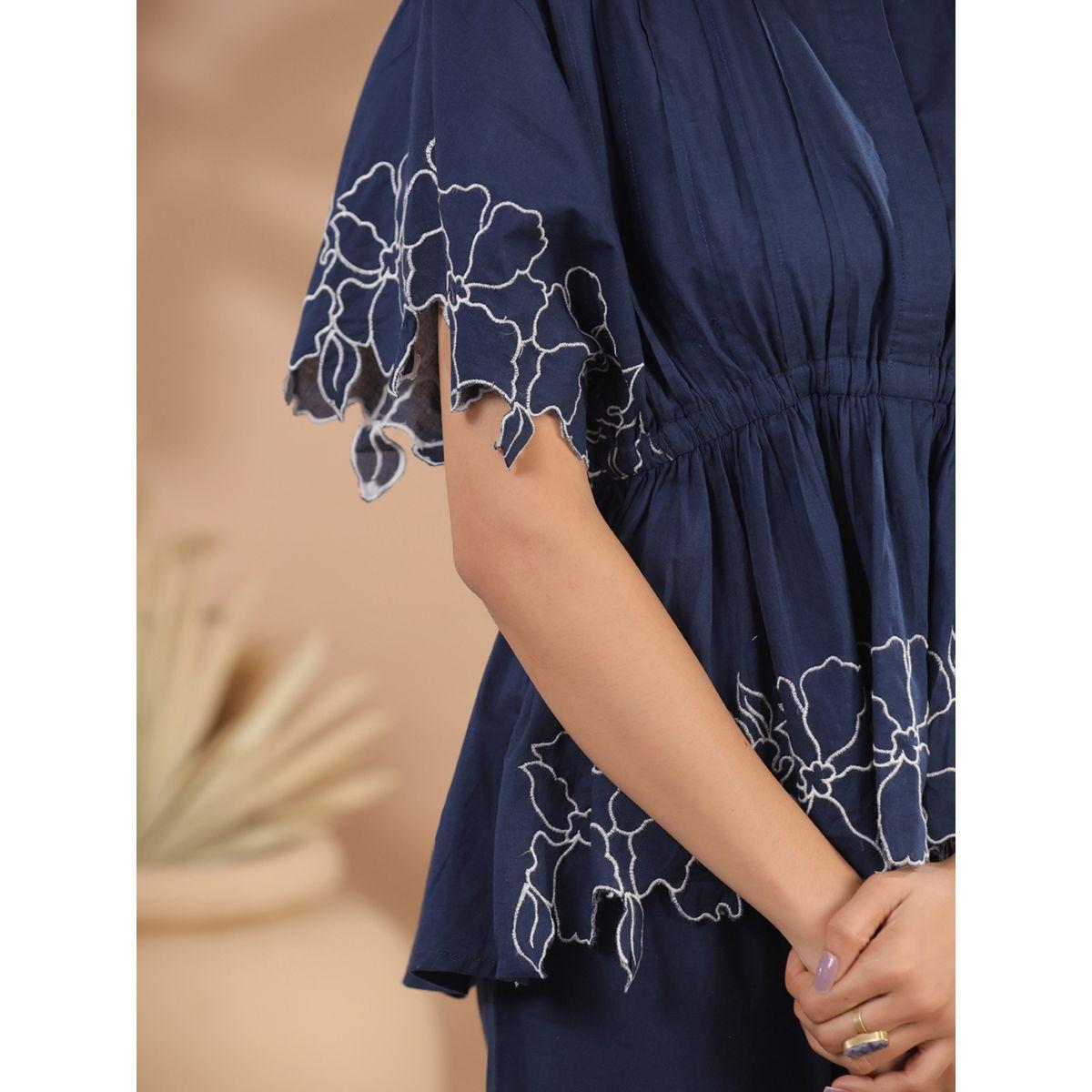 Sanskrutihomes Floral Embroidery Pleated High Low Top & Pants Co-Ord-women-clothing-coordsets-image-6
