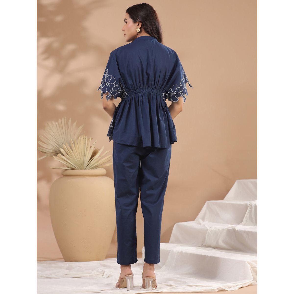Sanskrutihomes Floral Embroidery Pleated High Low Top & Pants Co-Ord-women-clothing-coordsets-image-7