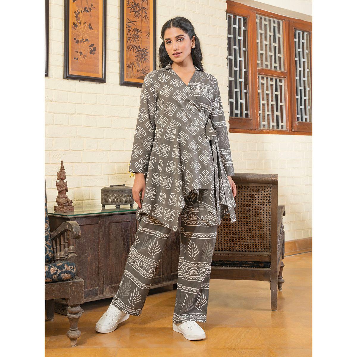Sanskrutihomes X Styli All Over Print Asymmetrical Hem Wrap Top & Pants Co-Ord-women-clothing-coordsets-image-1