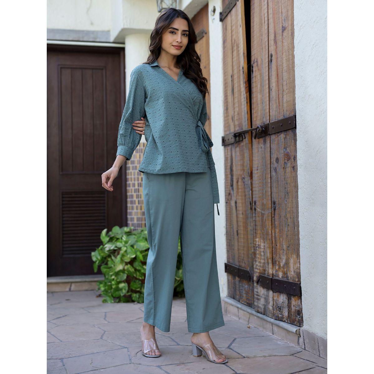 Sanskrutihomes X Styli  Textured Collared Wrap Top & Straight Leg Pants Co-Ord-women-clothing-coordsets-image-1