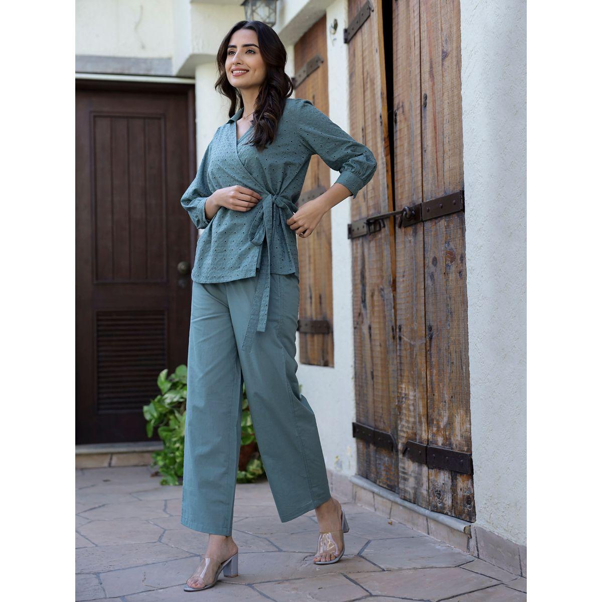 Sanskrutihomes X Styli  Textured Collared Wrap Top & Straight Leg Pants Co-Ord-women-clothing-coordsets-image-2