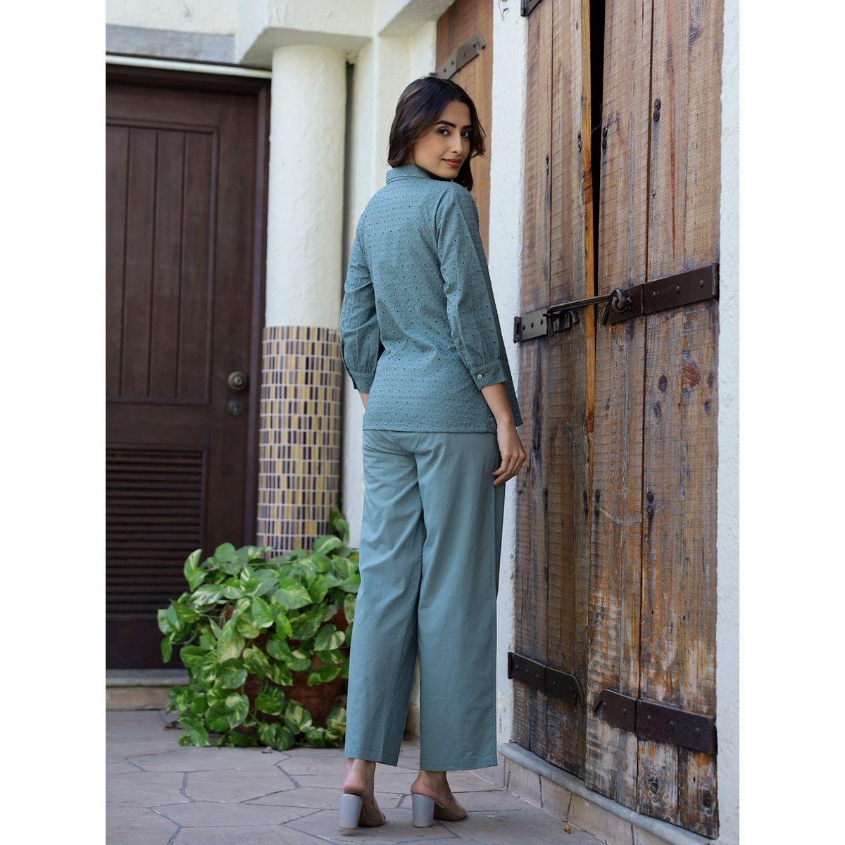 Sanskrutihomes X Styli  Textured Collared Wrap Top & Straight Leg Pants Co-Ord-women-clothing-coordsets-image-4