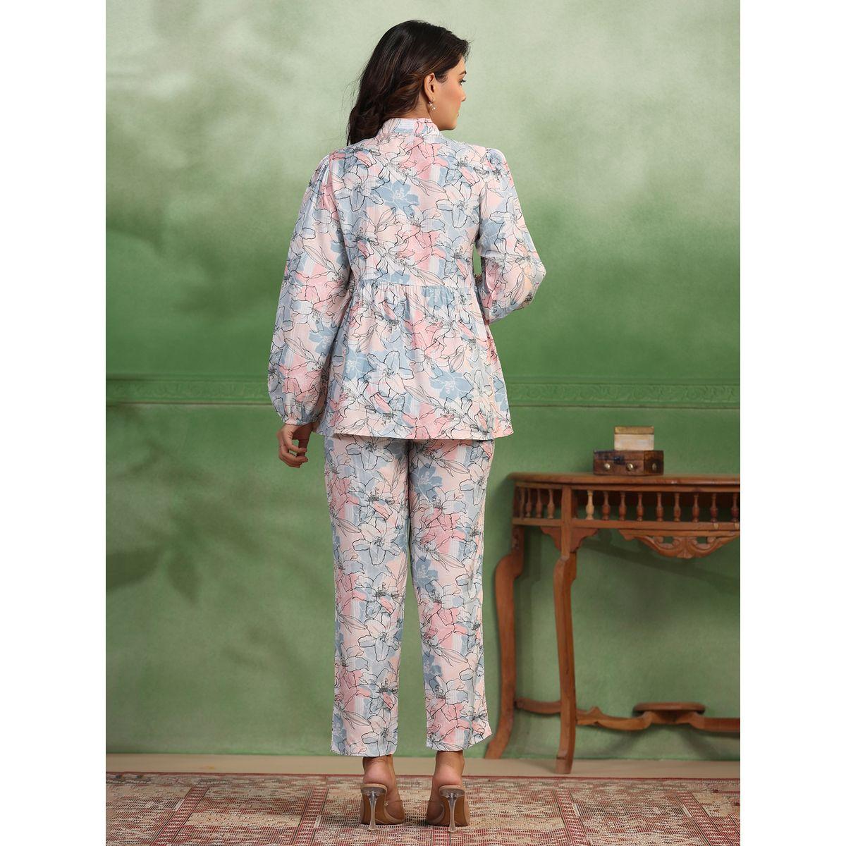طقم منسق من بنطال واسع مع بلوزمطبعة بزهور سانسكريتي هومز × ستايلي-women-clothing-coordsets-image-4