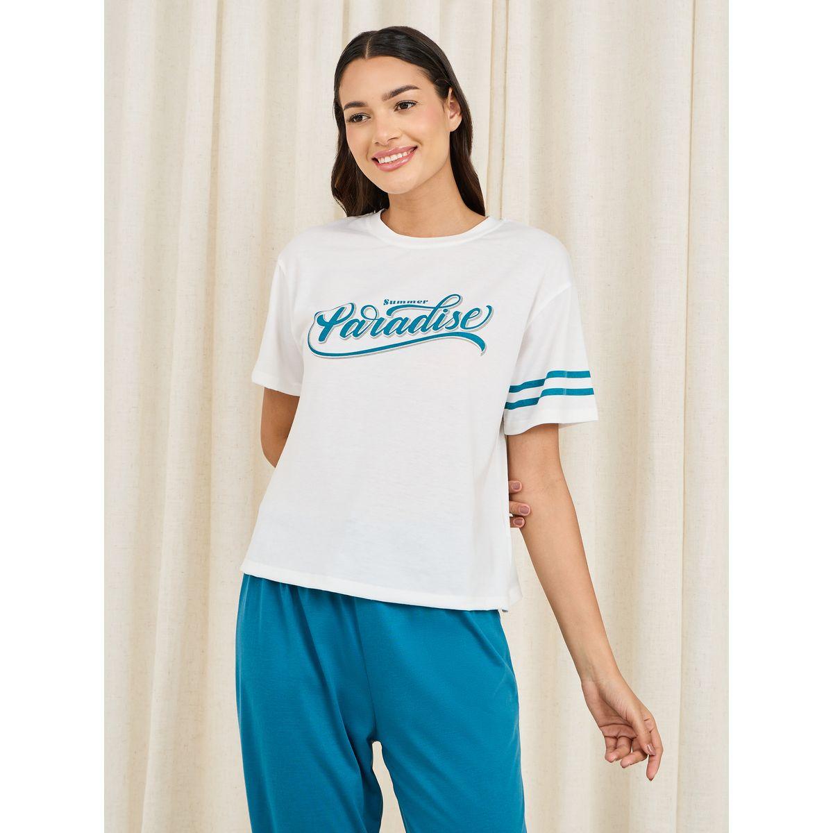 Styli Unwind Paradise Print Striped Drop Shoulder Sleeves T-shirt and Cuff Pyjama Set-women-clothing-nightwear-pyjamas-longsets-image-2