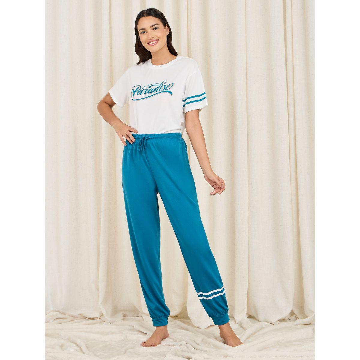 Styli Unwind Paradise Print Striped Drop Shoulder Sleeves T-shirt and Cuff Pyjama Set-women-clothing-nightwear-pyjamas-longsets-image-4