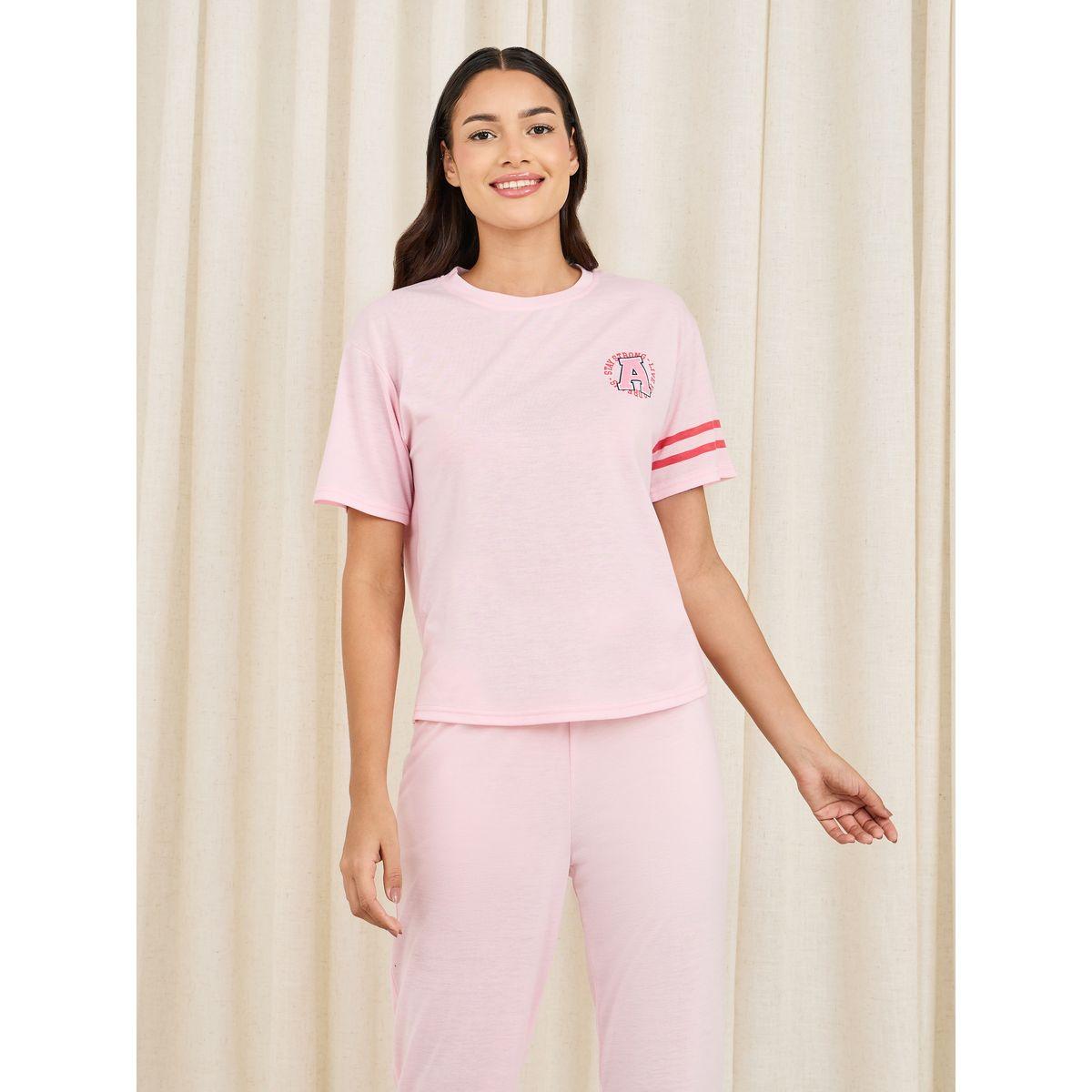 Styli Unwind Slogan Print Striped Drop Shoulder Sleeves T-Shirt and Cuff Pyjama Set-women-clothing-nightwear-pyjamas-longsets-image-2