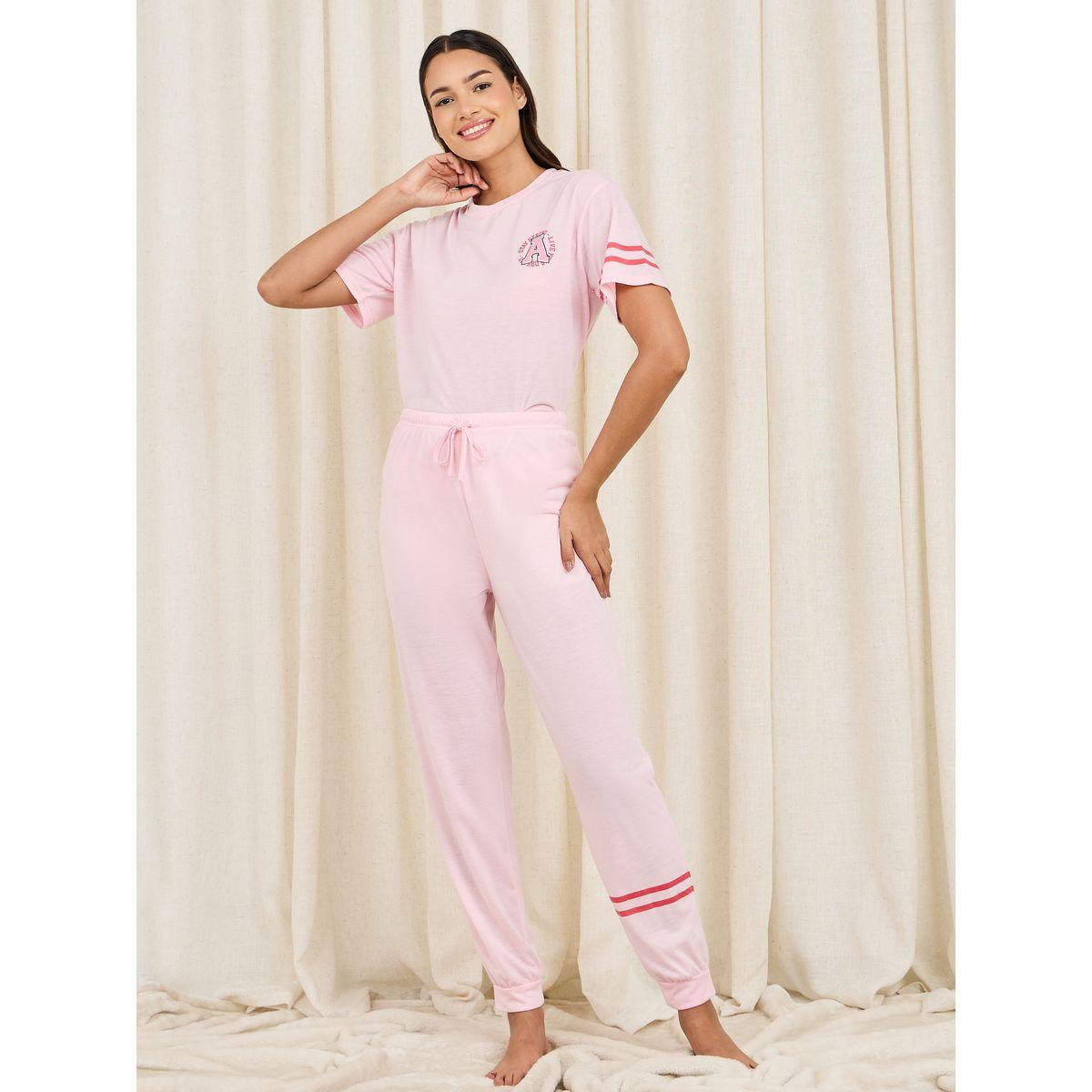 Styli Unwind Slogan Print Striped Drop Shoulder Sleeves T-Shirt and Cuff Pyjama Set-women-clothing-nightwear-pyjamas-longsets-image-5